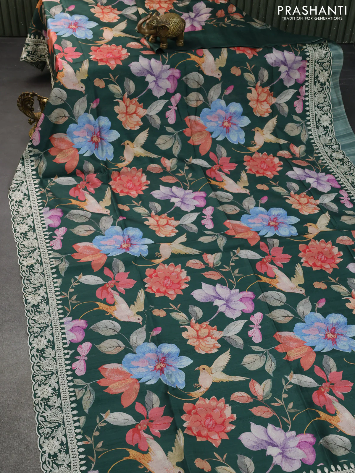 Semi tussar saree bottle green with allover digital prints and chikankari work border - Image 2