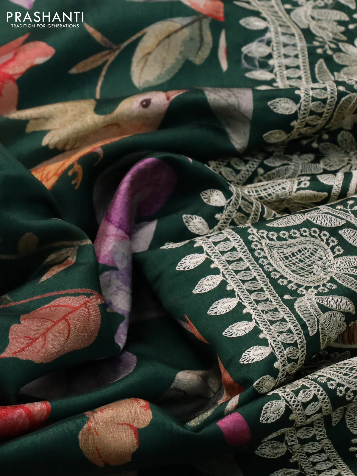 Semi tussar saree bottle green with allover digital prints and chikankari work border - Image 3