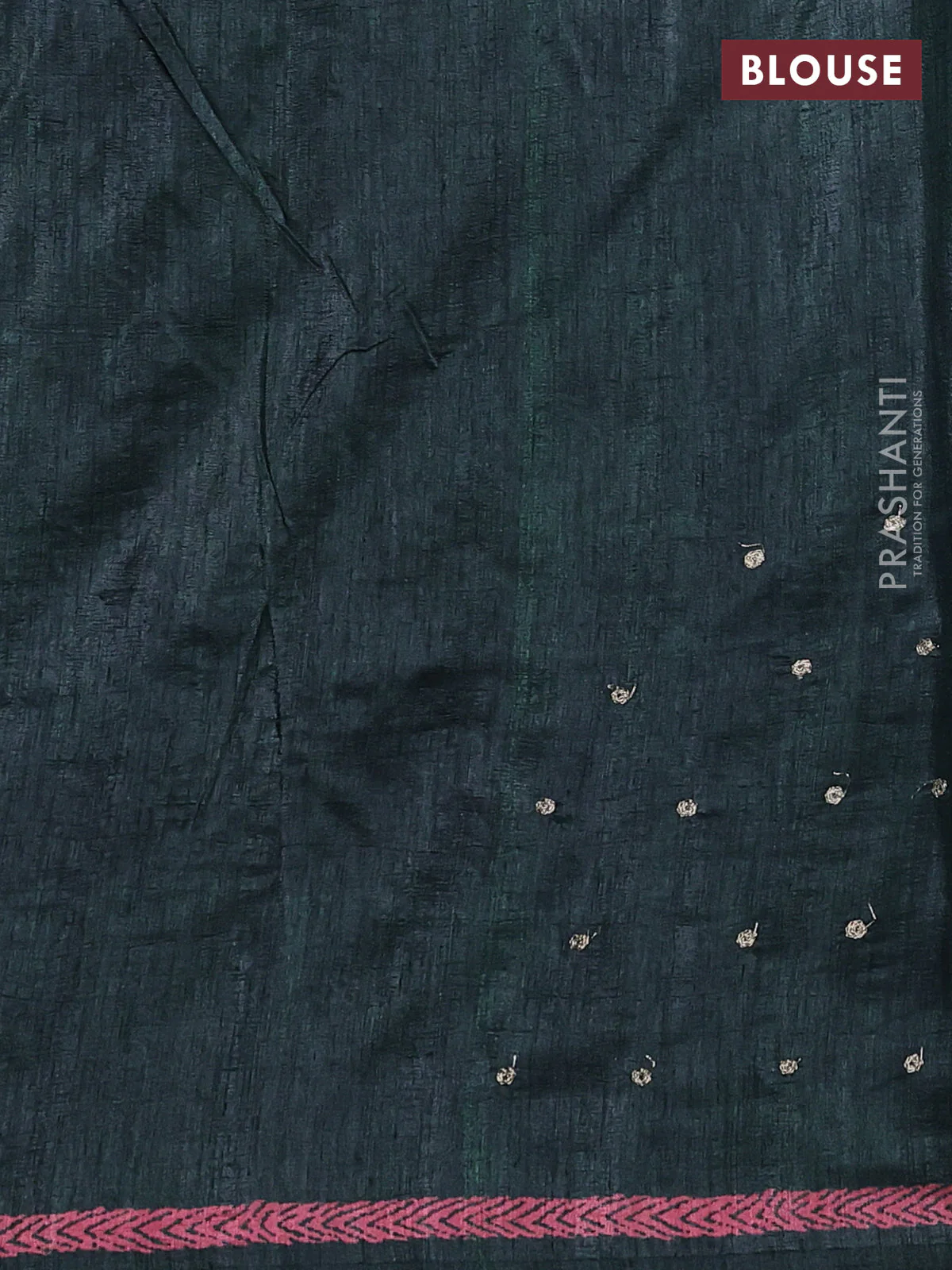 Semi tussar saree bottle green with plain body and embroidered pallu - Image 3