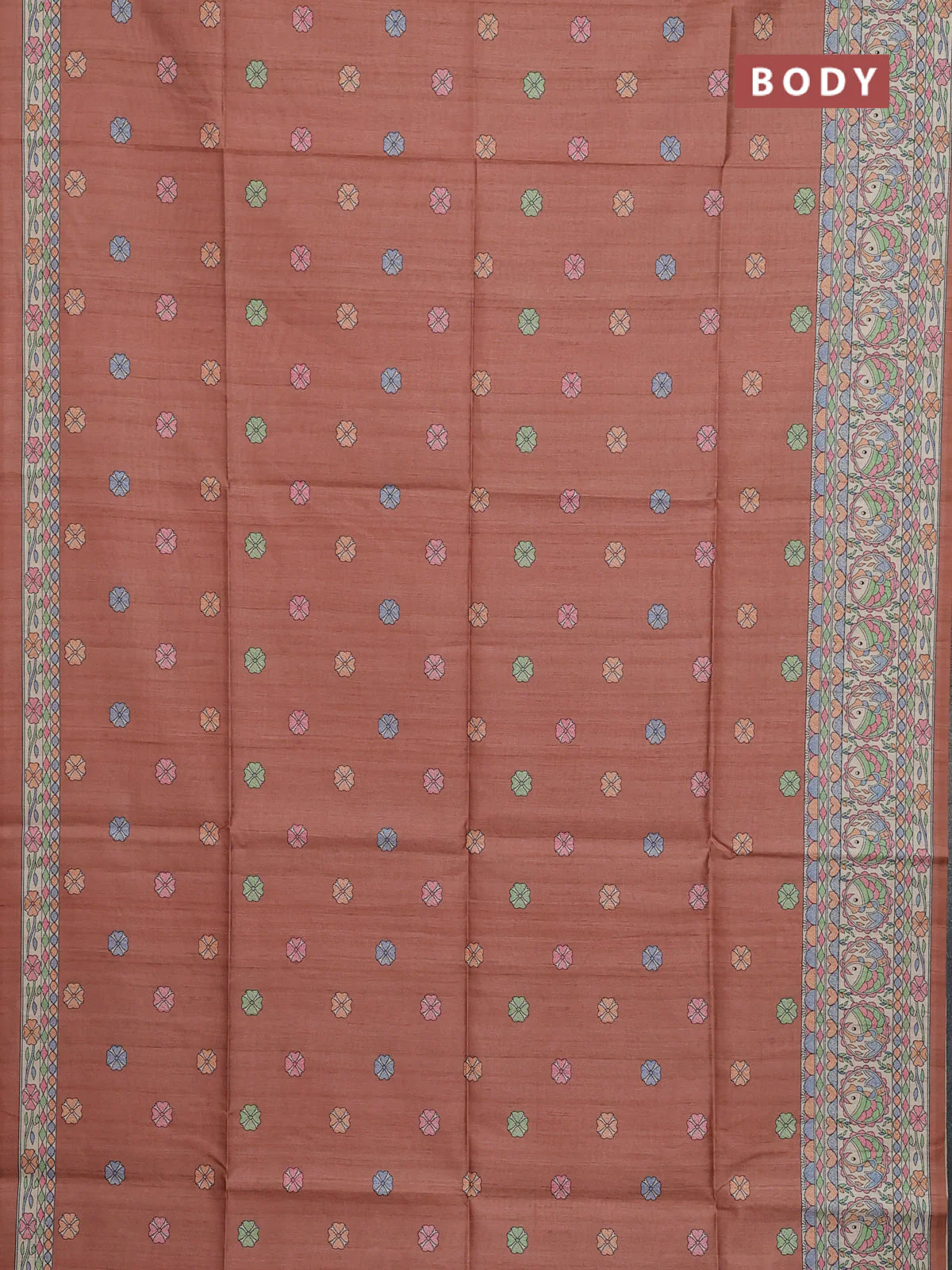 Semi tussar saree brown and beige with allover butta prints and madhubani printed pallu & border - Image 2