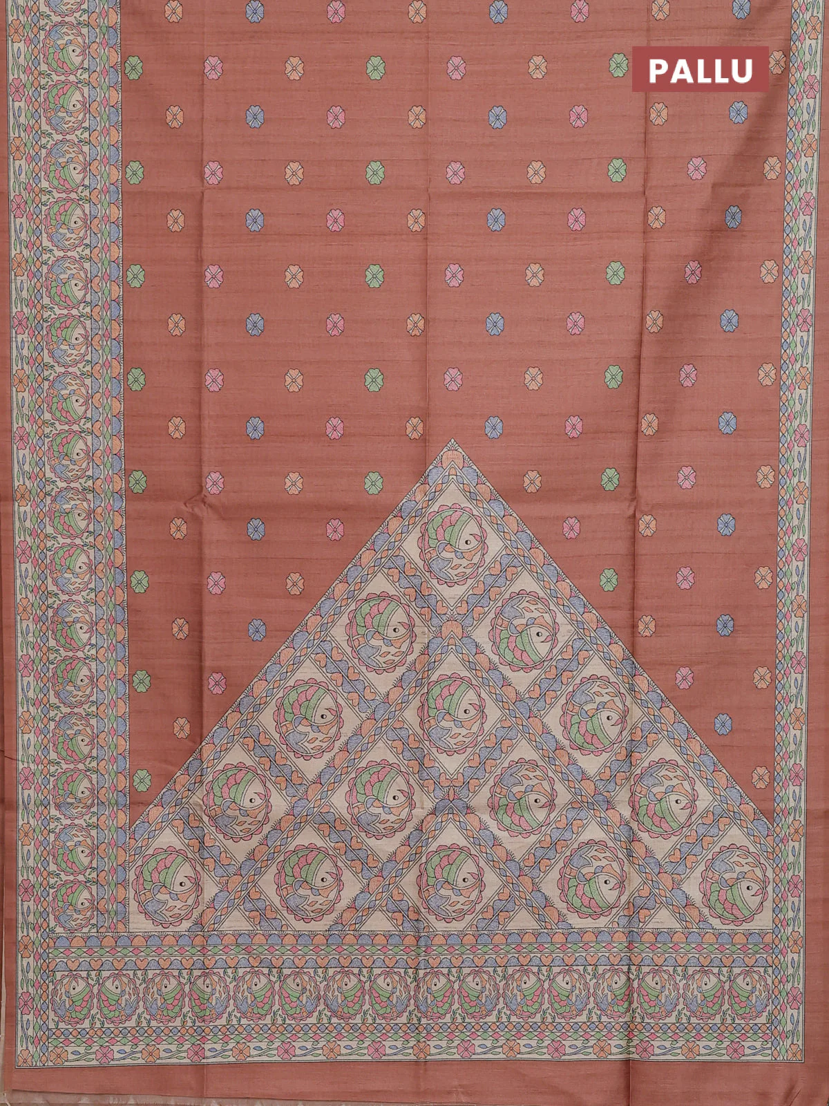 Semi tussar saree brown and beige with allover butta prints and madhubani printed pallu & border - Image 3