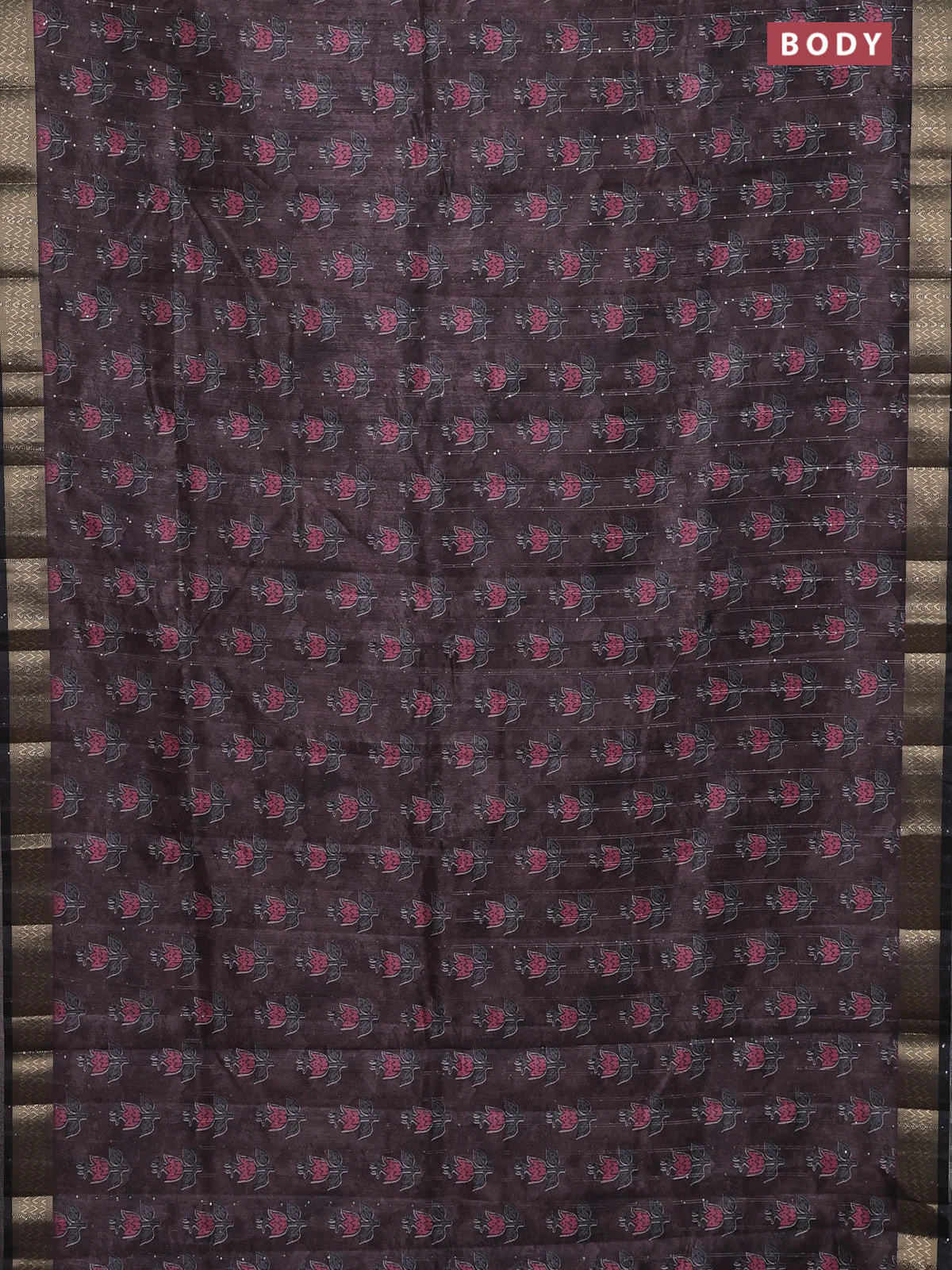 Semi tussar saree brown and black with floral butta prints & sequin work and zari woven border - Image 2
