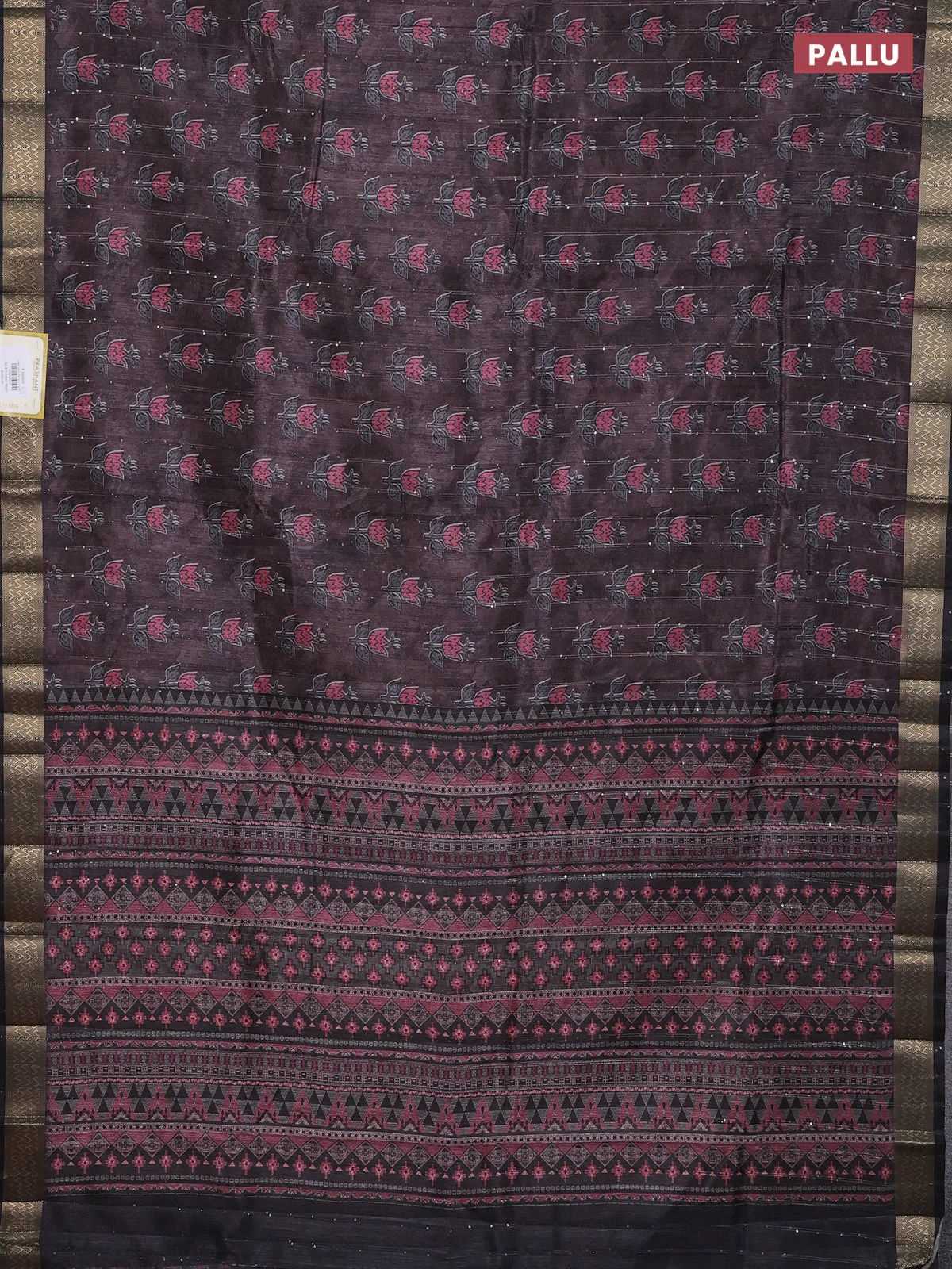 Semi tussar saree brown and black with floral butta prints & sequin work and zari woven border - Image 3