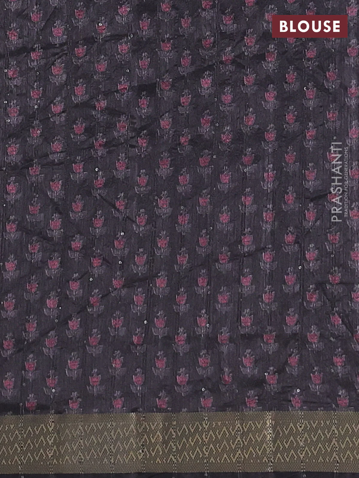 Semi tussar saree brown and black with floral butta prints & sequin work and zari woven border - Image 4
