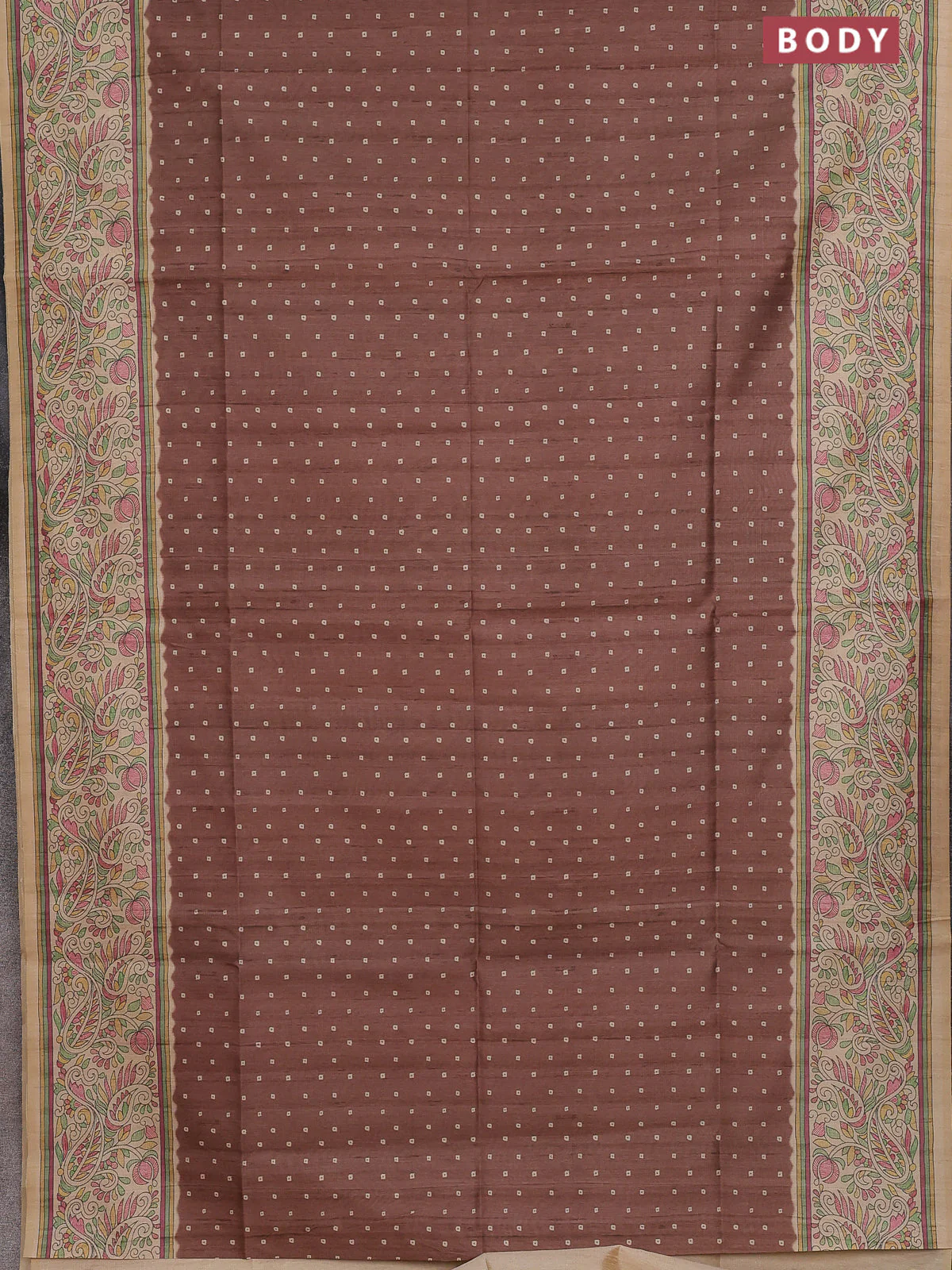 Semi tussar saree brown and cream with allover bandhani prints and madhubani printed pallu & border - Image 2