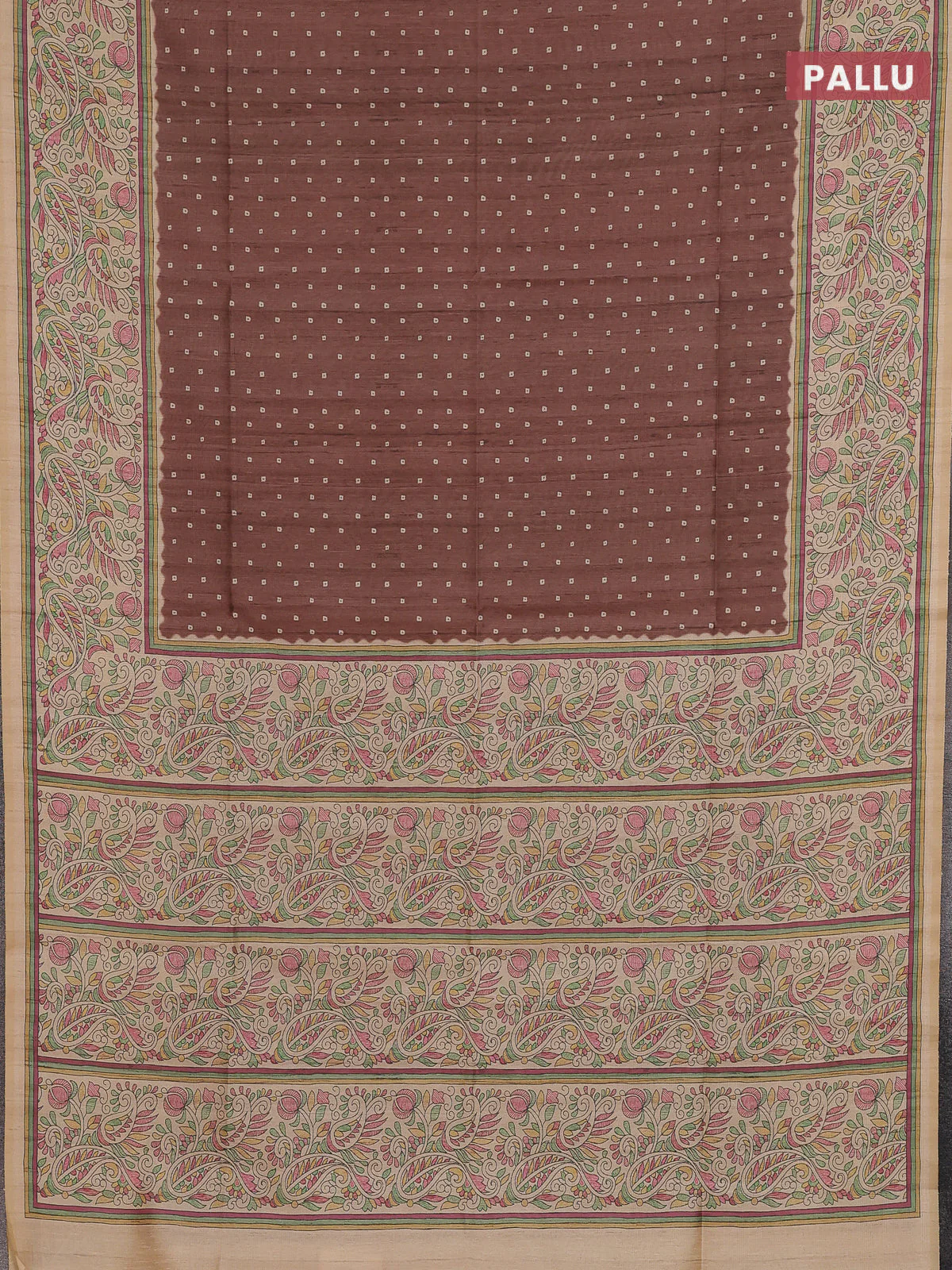 Semi tussar saree brown and cream with allover bandhani prints and madhubani printed pallu & border - Image 3
