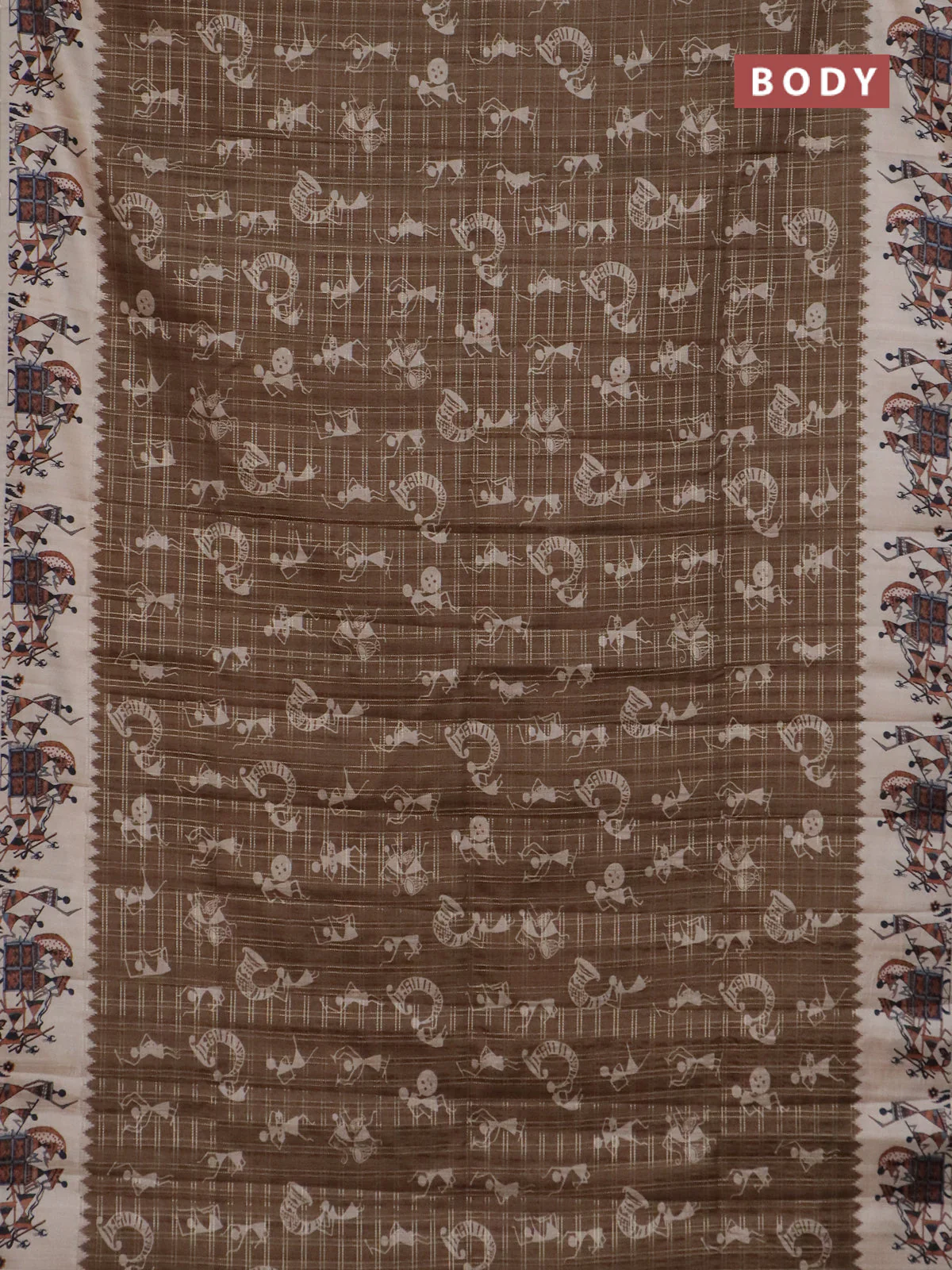 Semi tussar saree brown and cream with allover kalamkari prints and zari woven border - Image 2