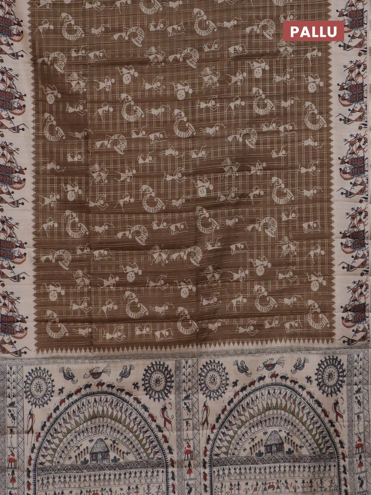 Semi tussar saree brown and cream with allover kalamkari prints and zari woven border - Image 3