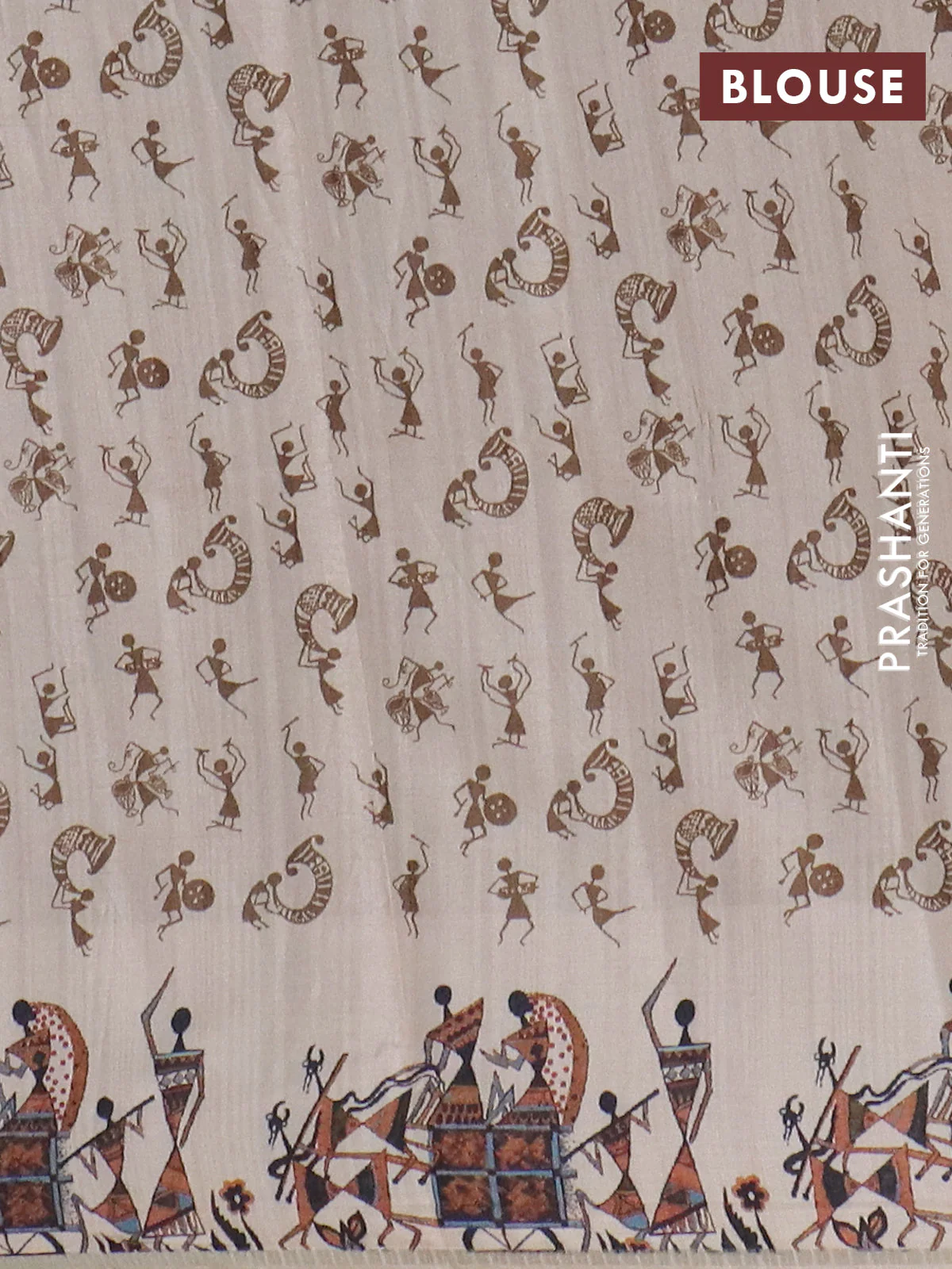 Semi tussar saree brown and cream with allover kalamkari prints and zari woven border - Image 4