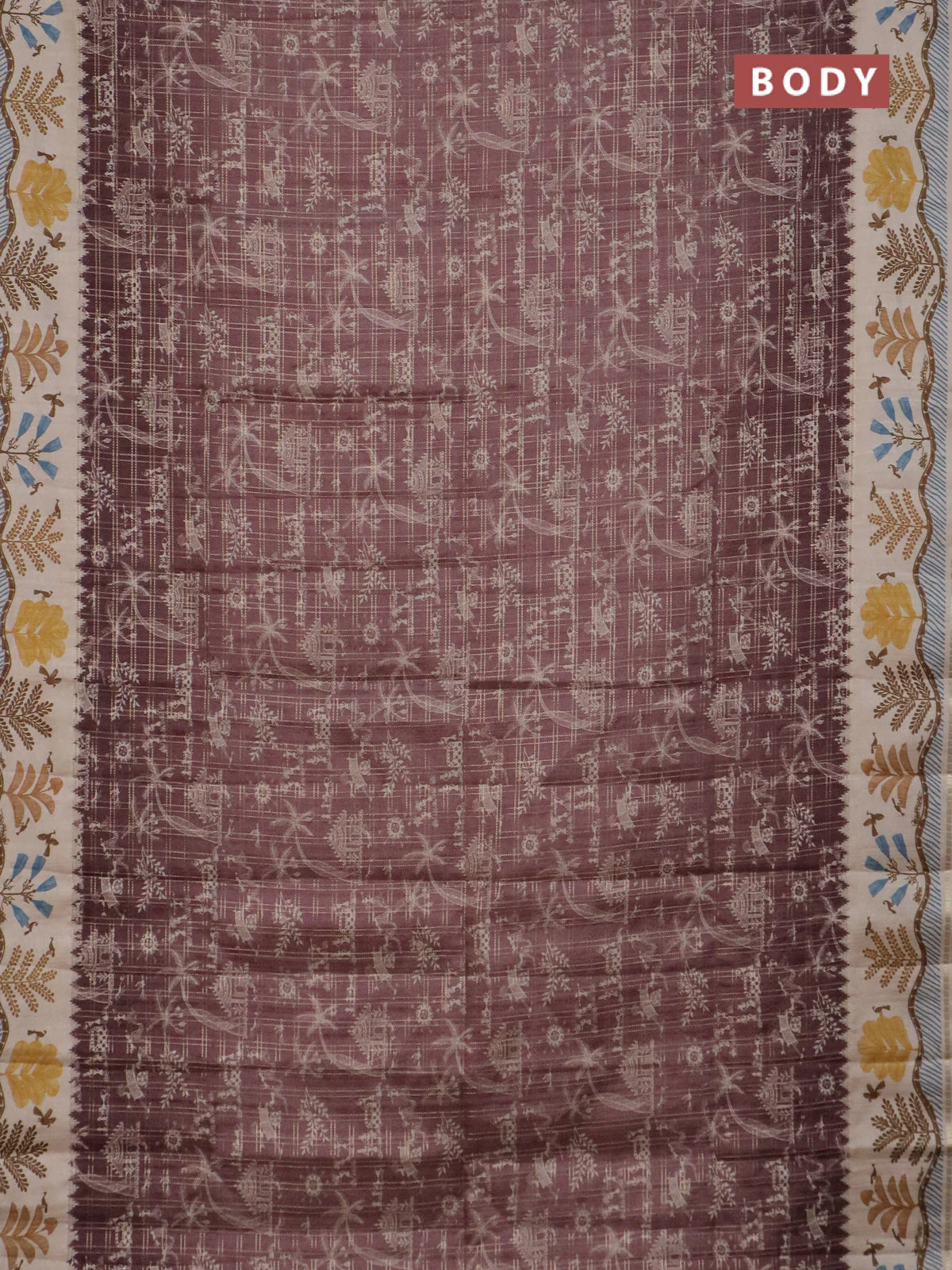 Semi tussar saree brown and cream with allover zari checks & warli prints  and printed border - Image 2