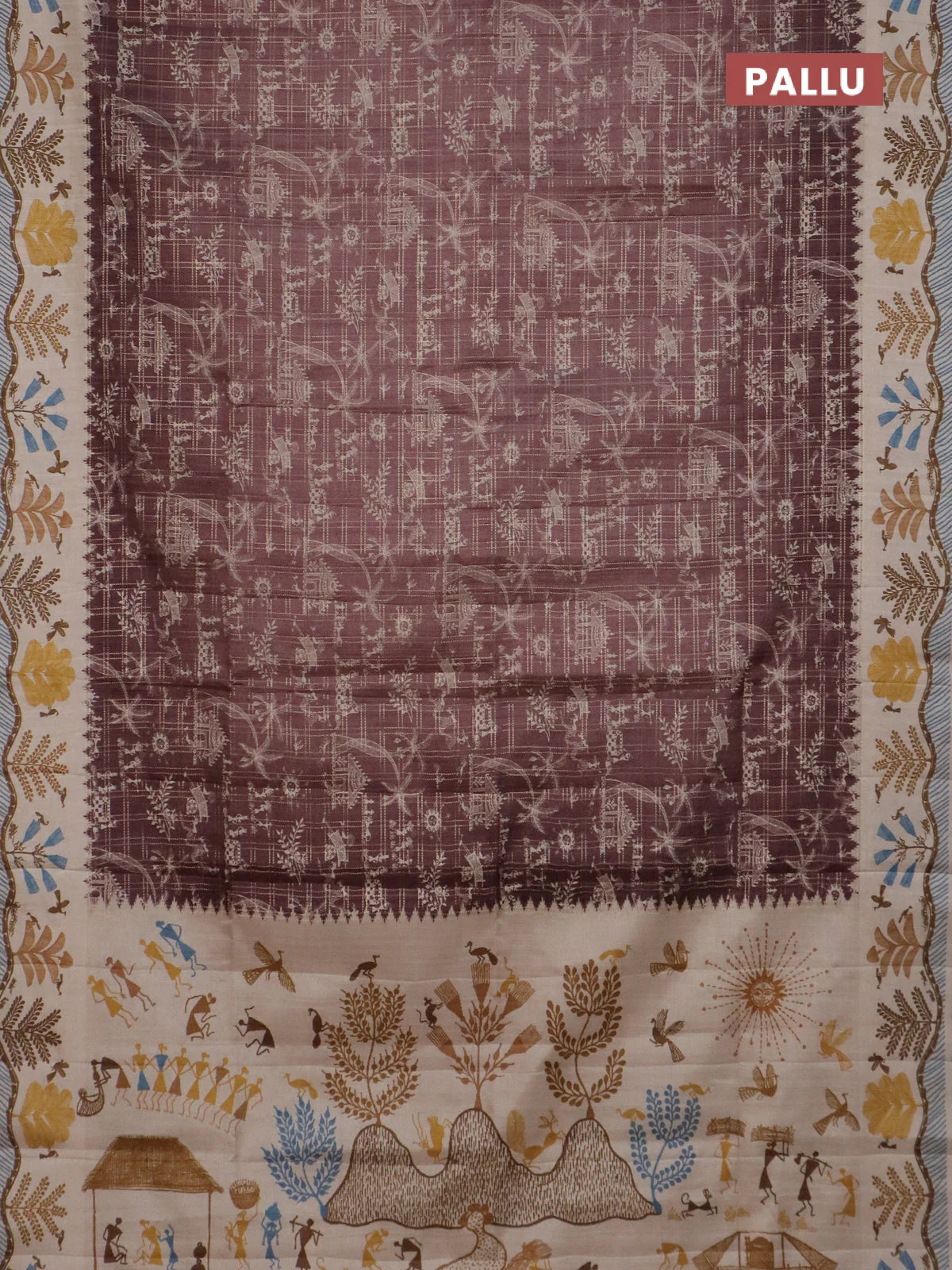 Semi tussar saree brown and cream with allover zari checks & warli prints  and printed border - Image 3