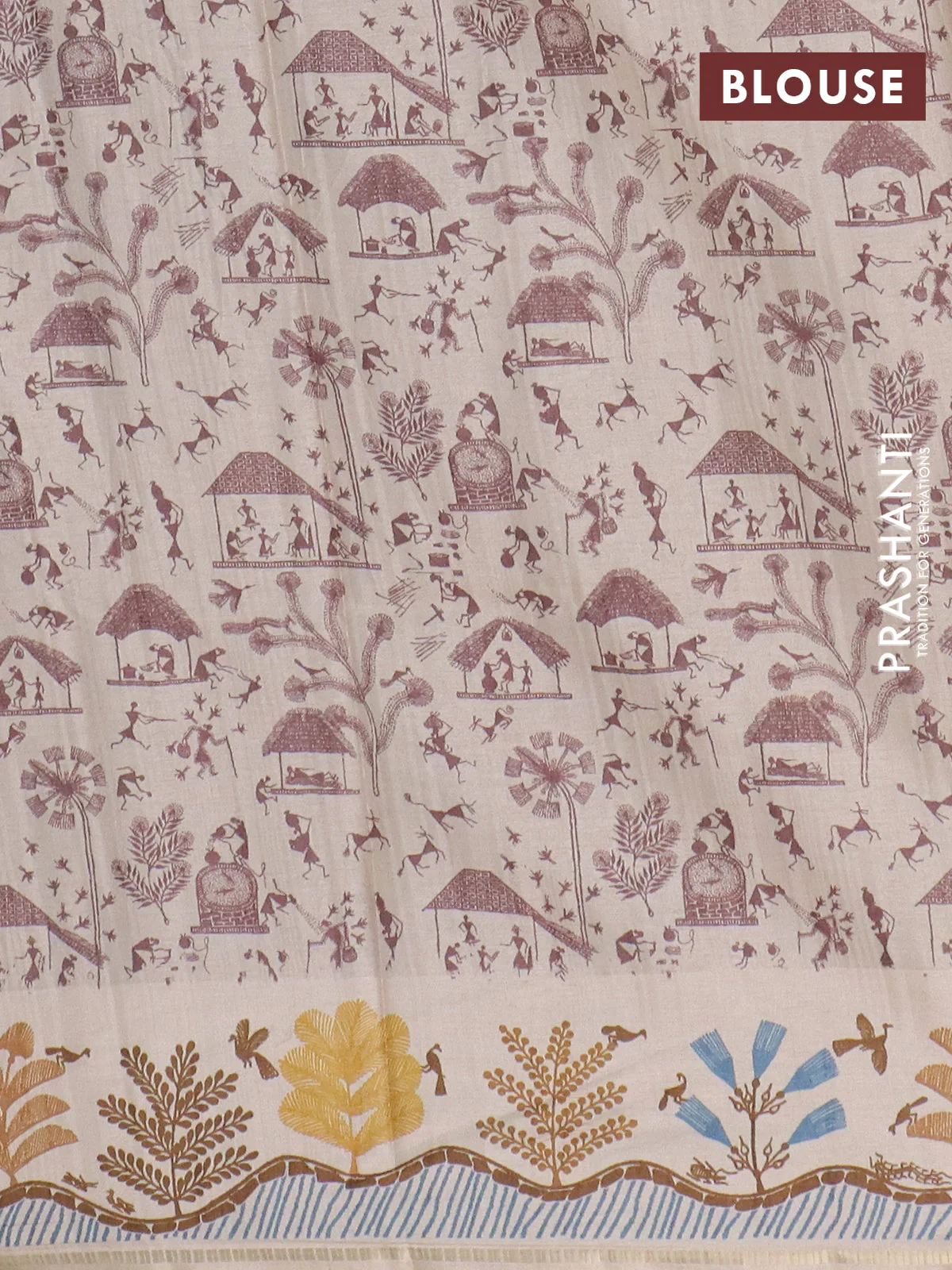Semi tussar saree brown and cream with allover zari checks & warli prints  and printed border - Image 4