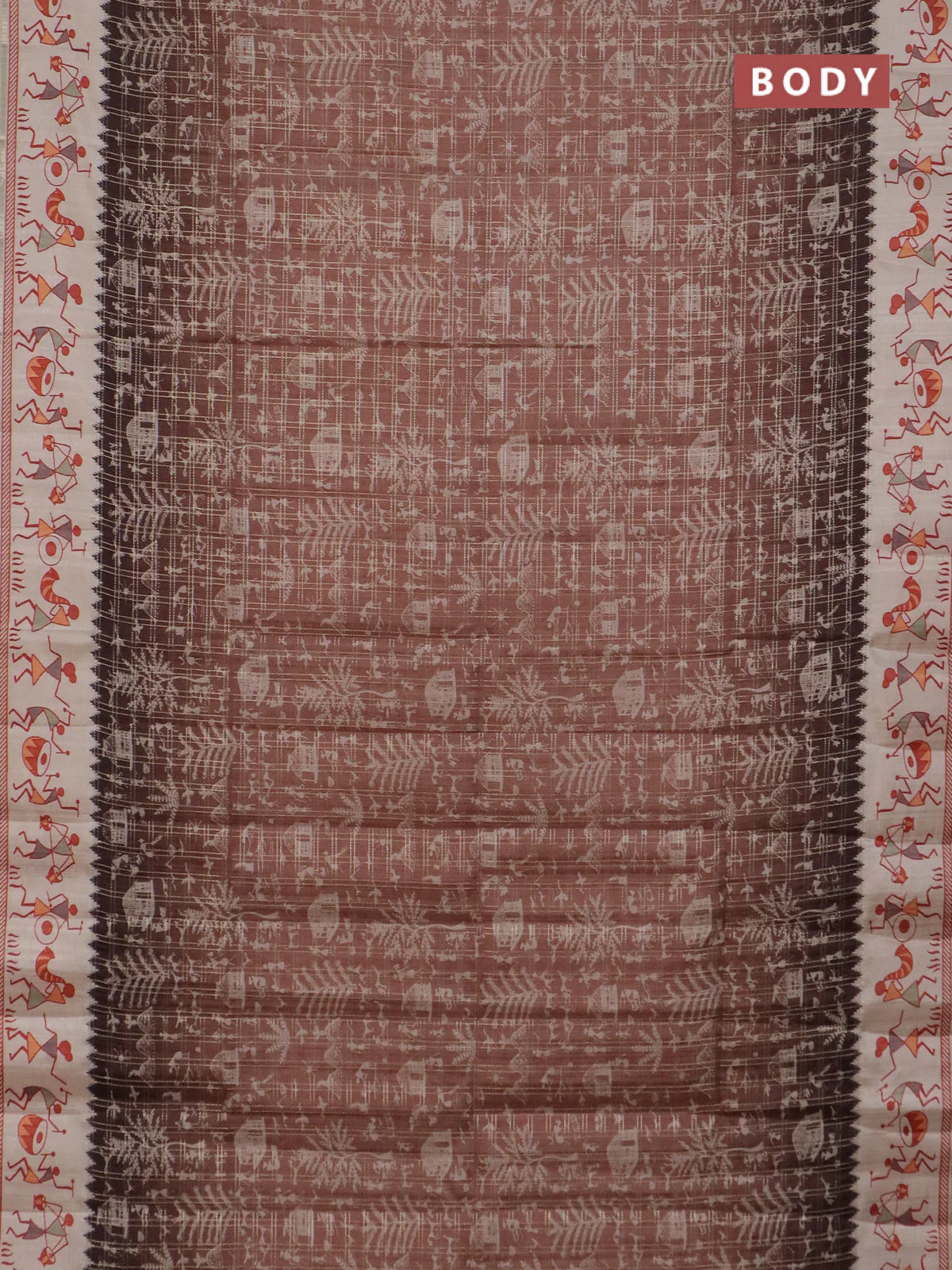 Semi tussar saree brown and cream with allover zari checks & warli prints  and printed border - Image 2