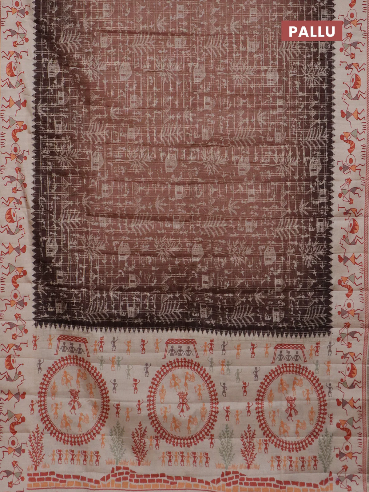 Semi tussar saree brown and cream with allover zari checks & warli prints  and printed border - Image 3