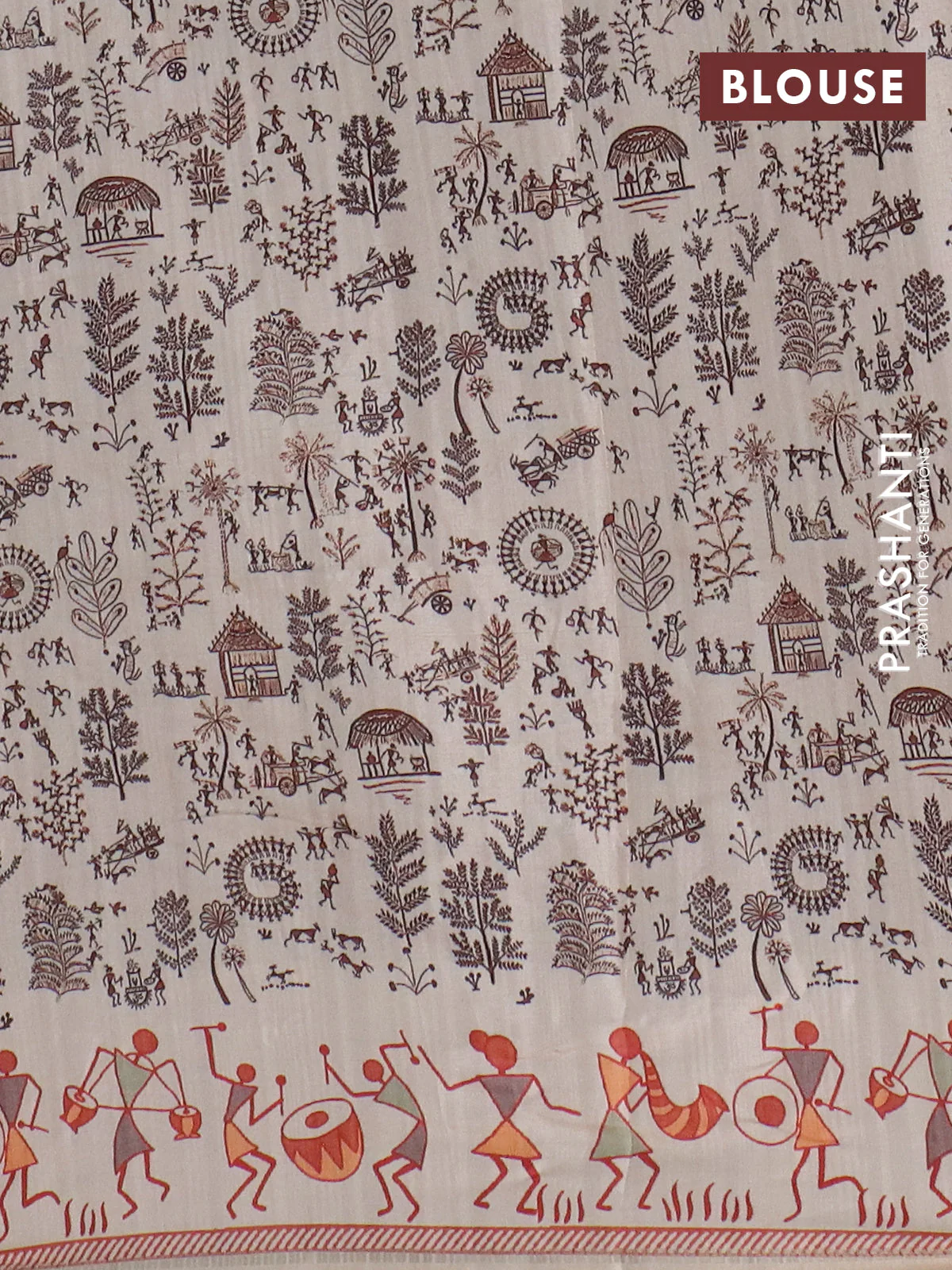 Semi tussar saree brown and cream with allover zari checks & warli prints  and printed border - Image 4