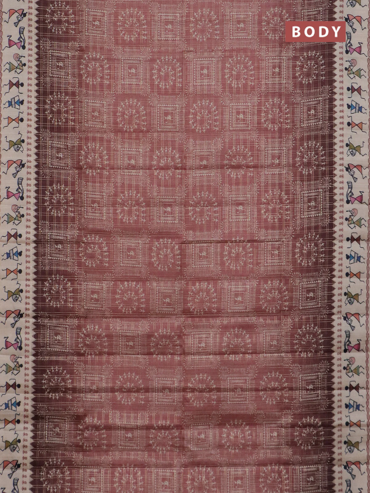 Semi tussar saree brown and cream with allover zari checks & warli prints  and printed border - Image 2