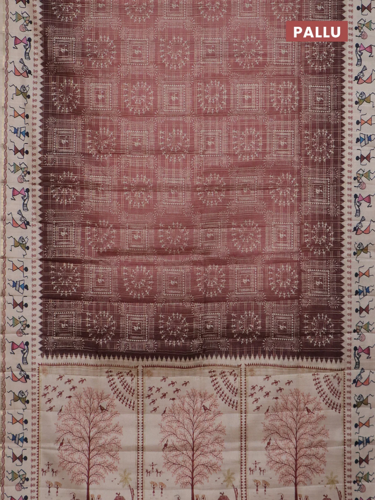 Semi tussar saree brown and cream with allover zari checks & warli prints  and printed border - Image 3