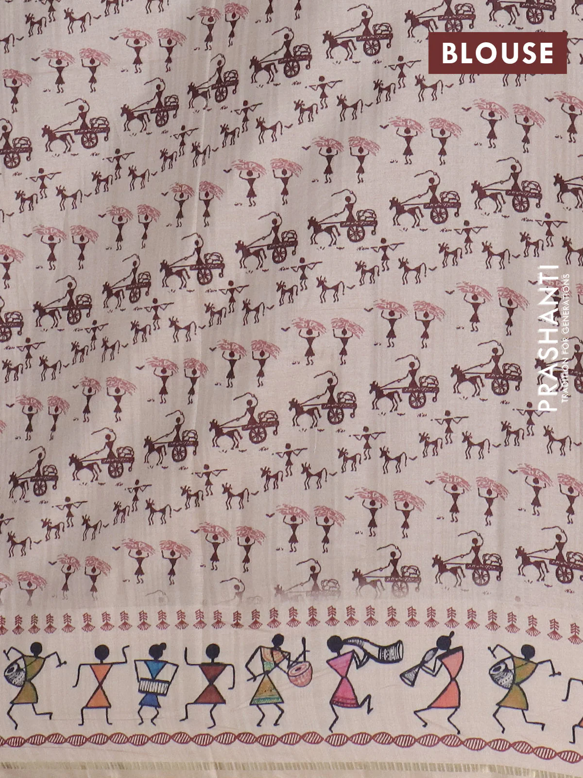 Semi tussar saree brown and cream with allover zari checks & warli prints  and printed border - Image 4