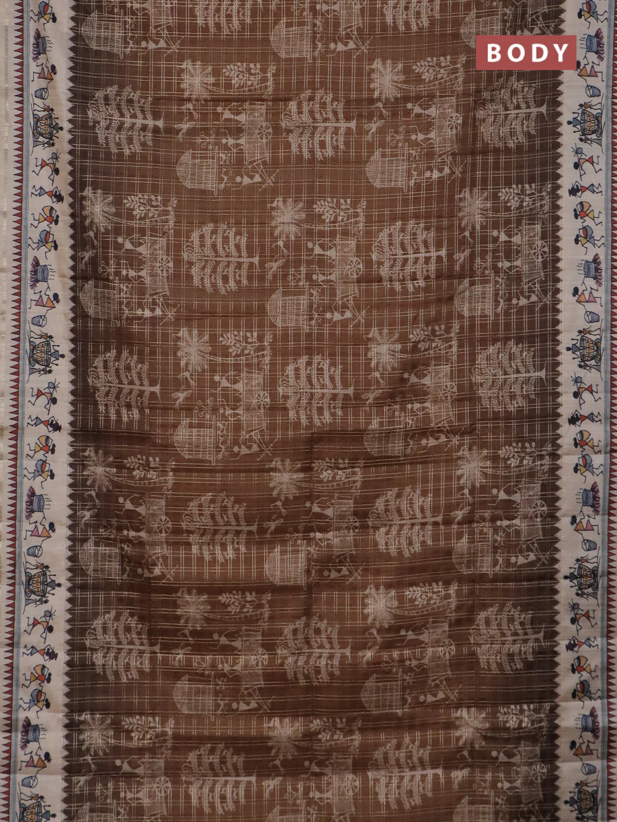 Semi tussar saree brown and cream with allover zari checks & warli prints  and printed border - Image 2