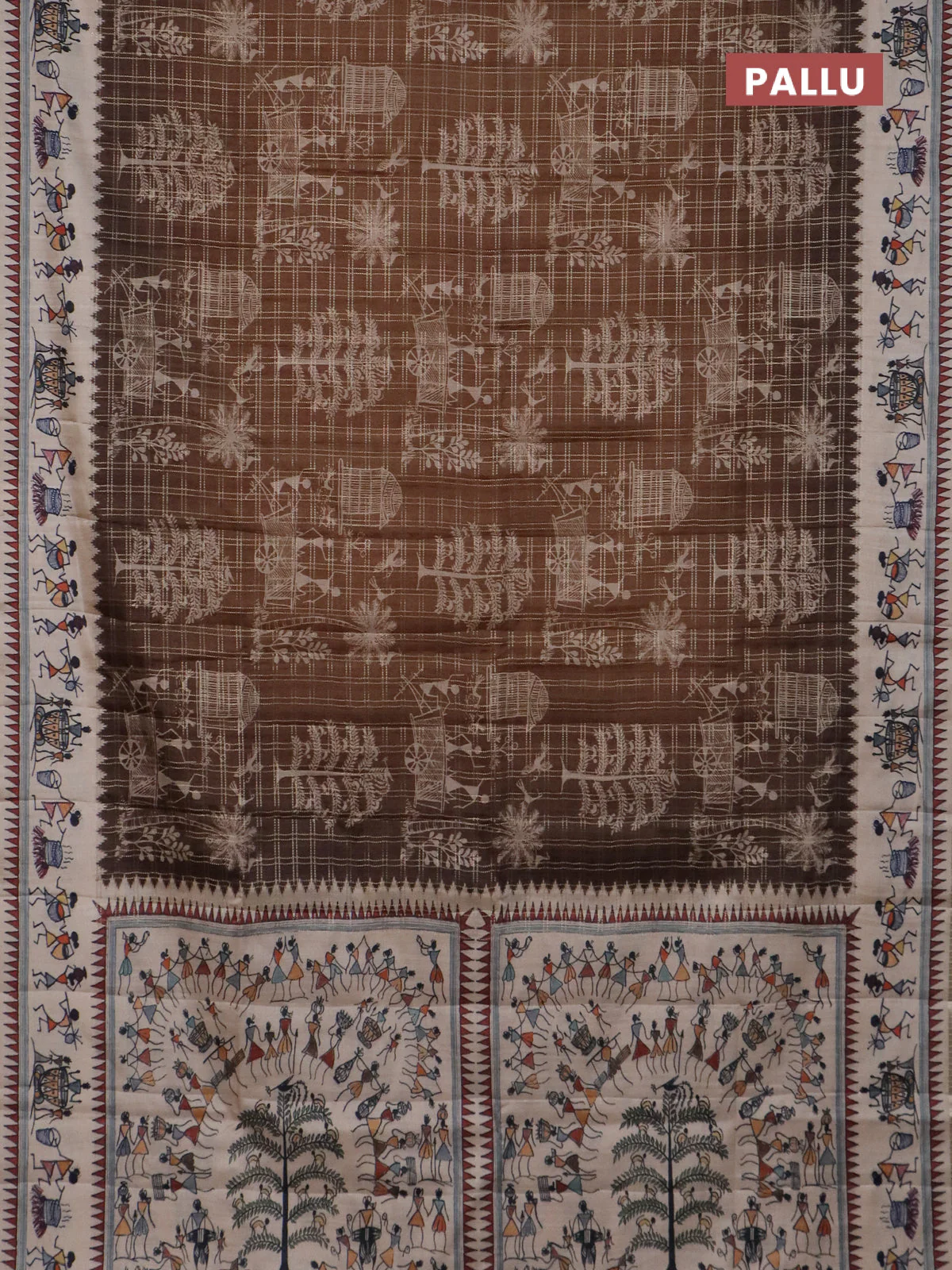 Semi tussar saree brown and cream with allover zari checks & warli prints  and printed border - Image 3