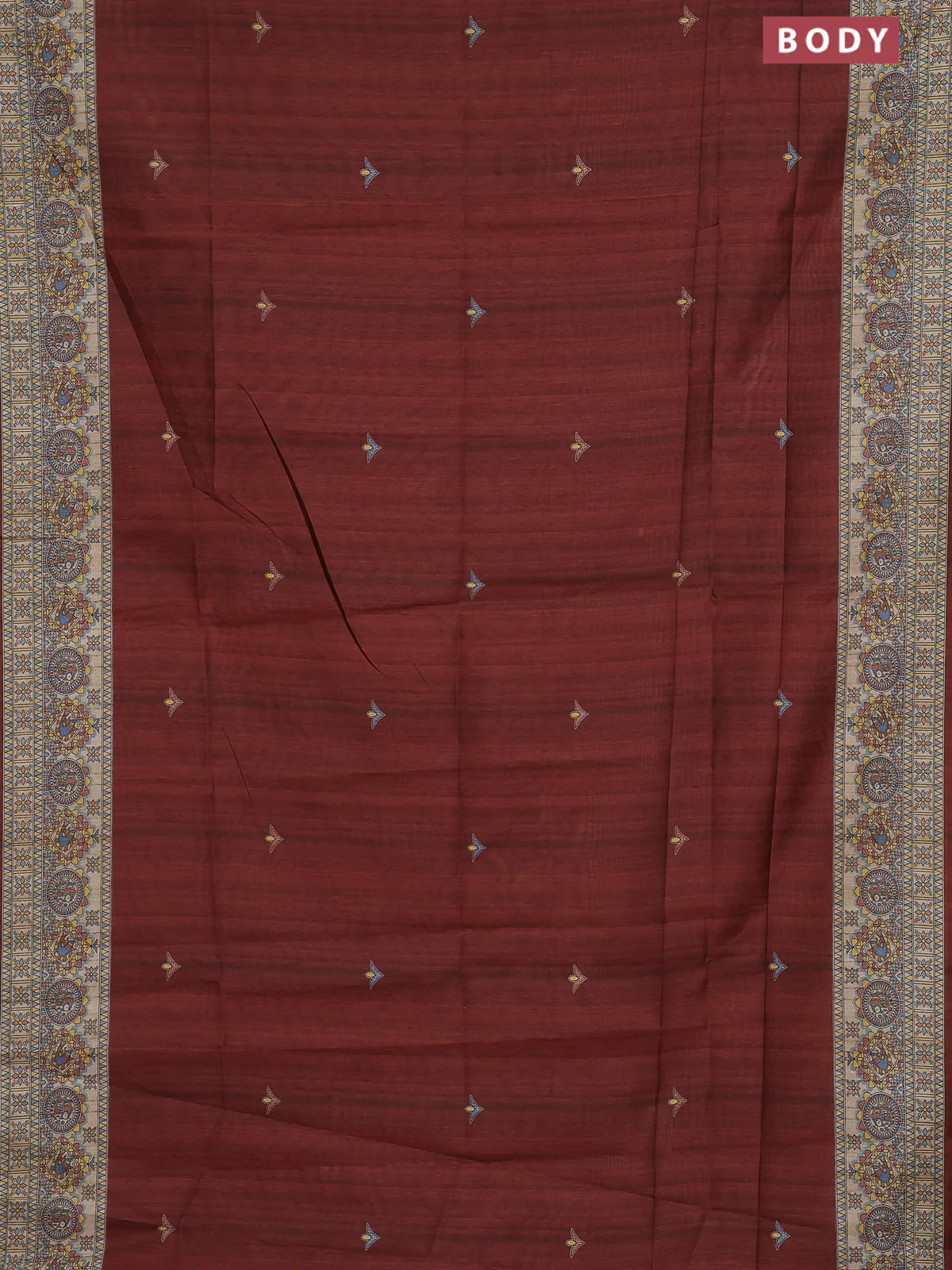 Semi tussar saree brown and cream with butta prints and madhubani printed pallu & border - Image 2
