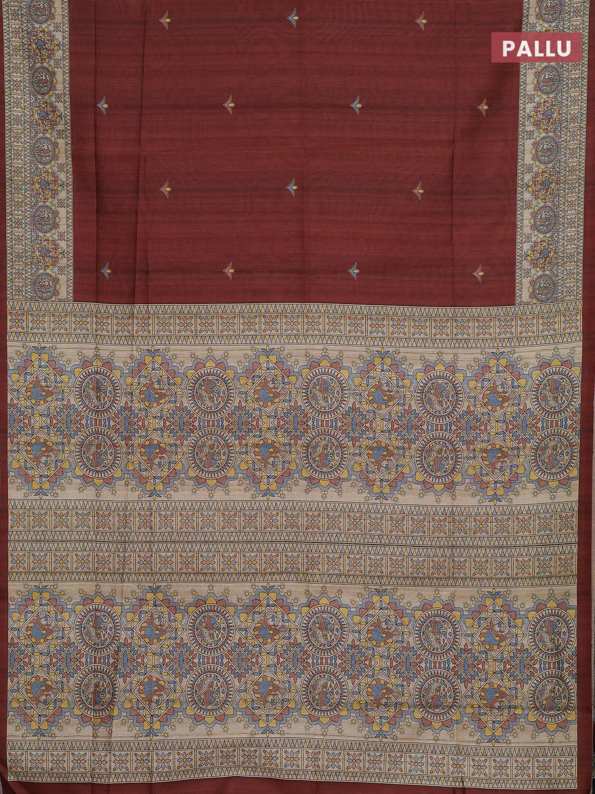 Semi tussar saree brown and cream with butta prints and madhubani printed pallu & border - Image 3