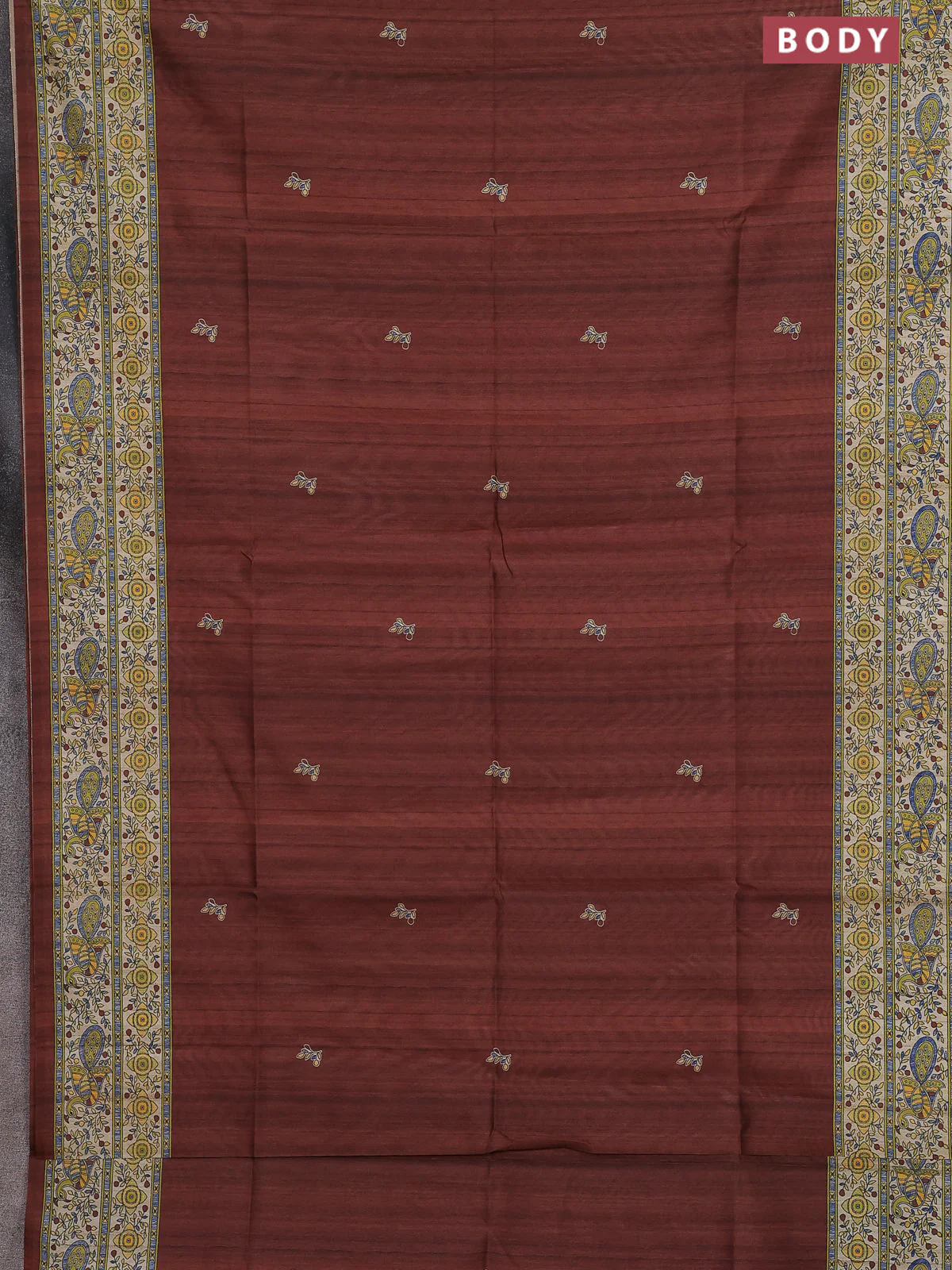 Semi tussar saree brown and cream with butta prints and madhubani printed pallu & border - Image 2