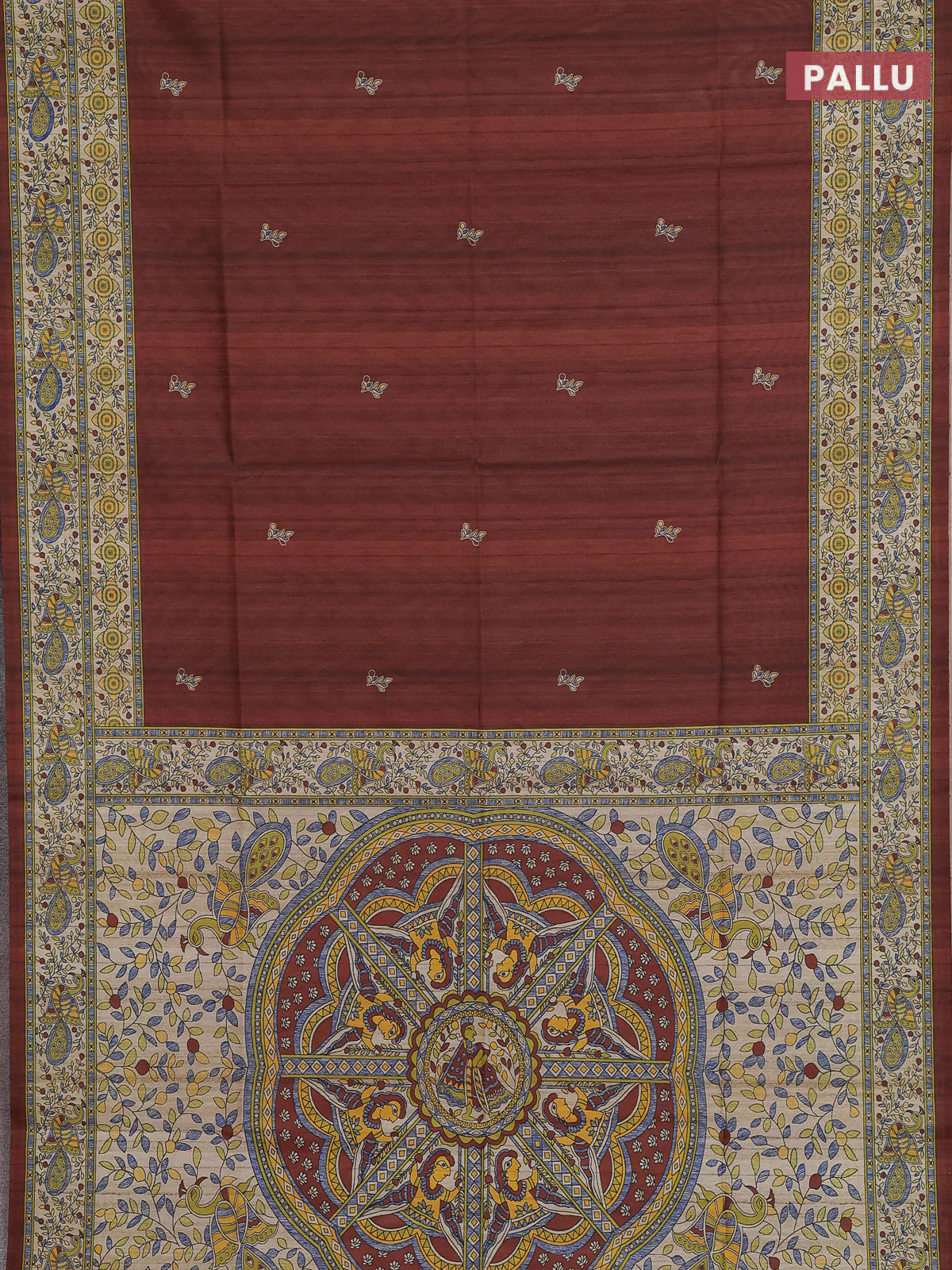 Semi tussar saree brown and cream with butta prints and madhubani printed pallu & border - Image 3