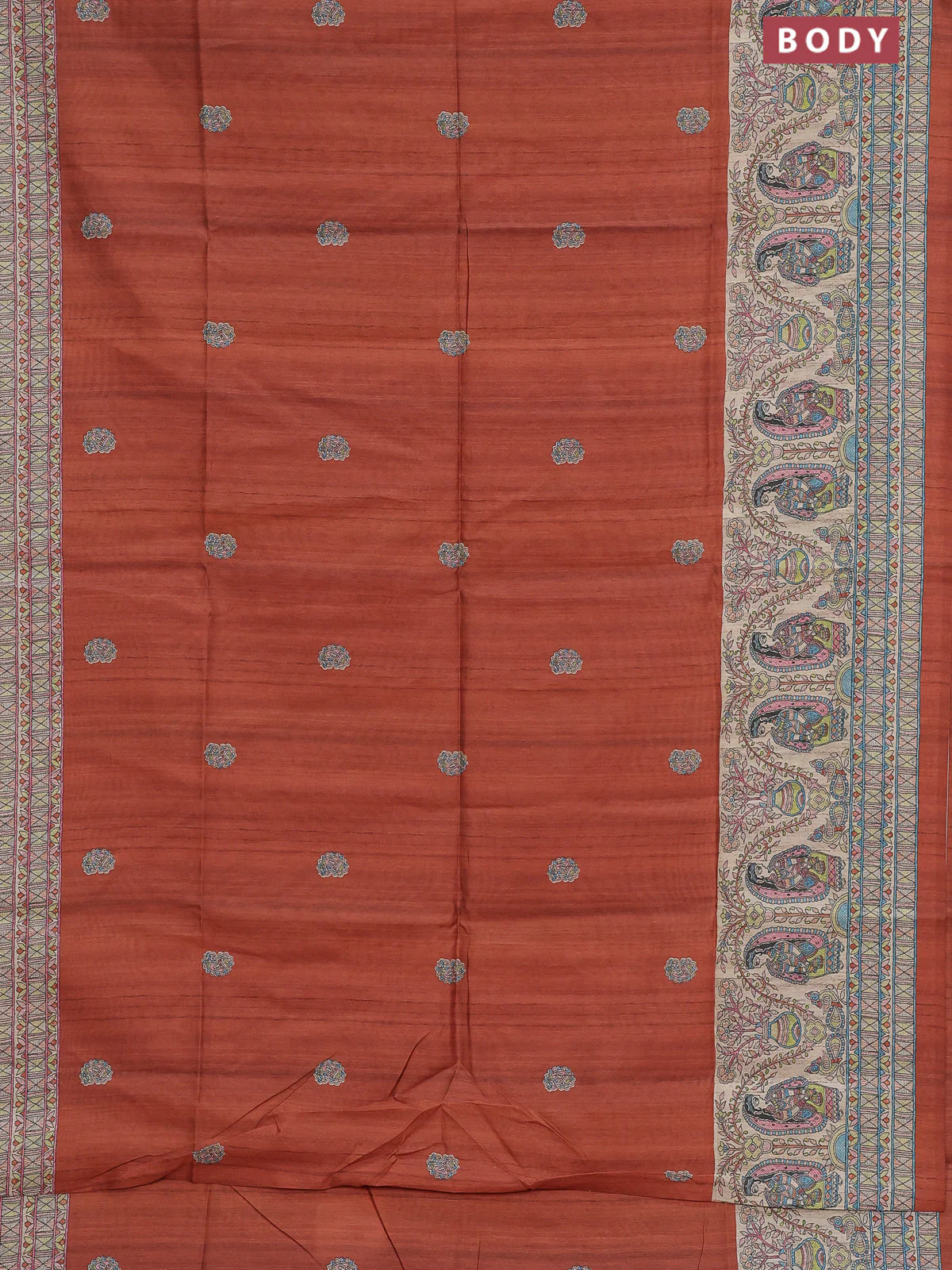 Semi tussar saree brown and cream with paisley butta prints and madhubani printed pallu & border - Image 2