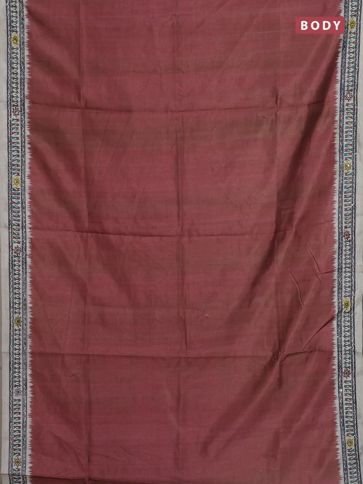 Semi tussar saree brown and cream with plain body and warli prints kantha stitch work border - Image 2