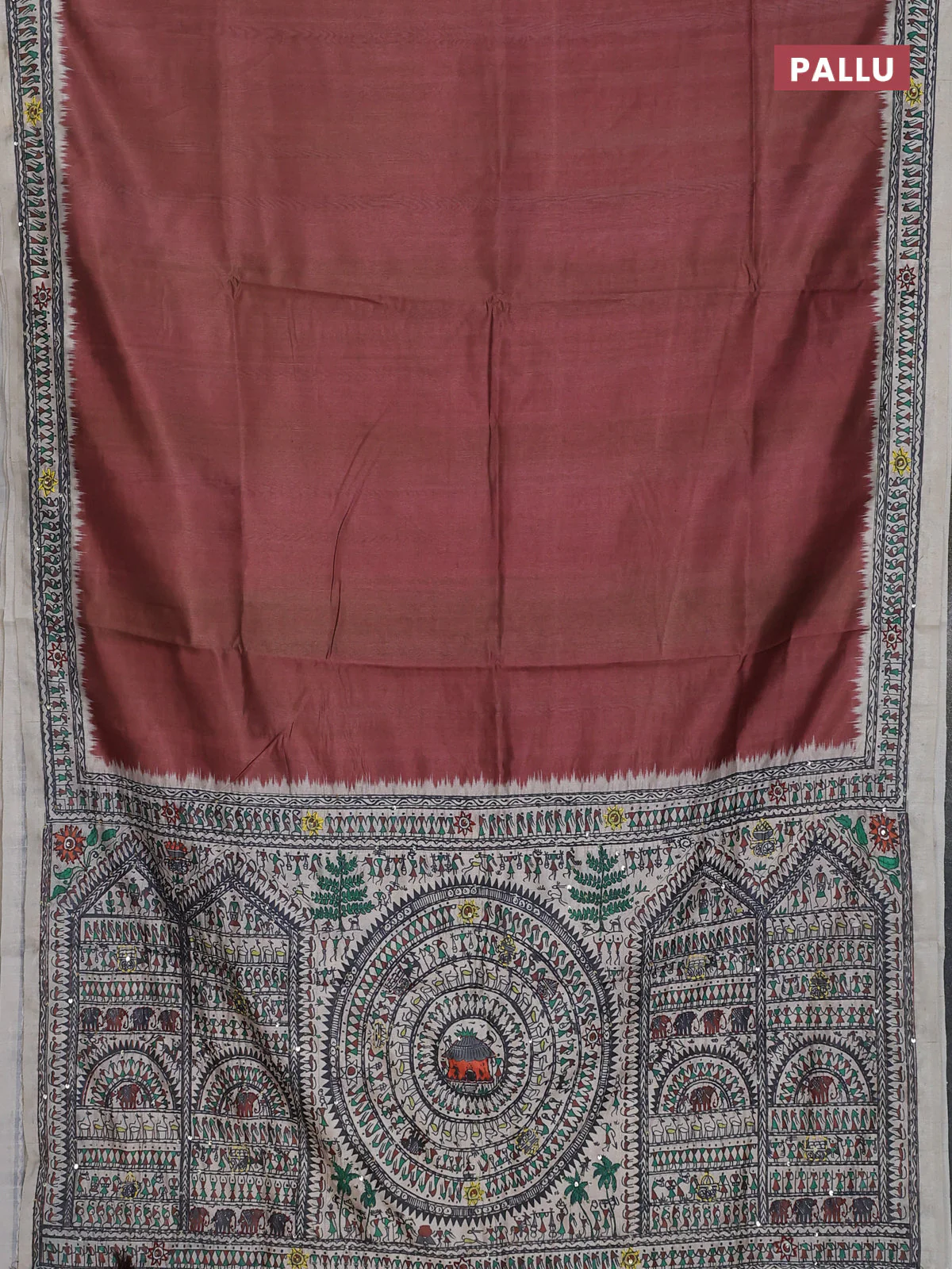 Semi tussar saree brown and cream with plain body and warli prints kantha stitch work border - Image 3