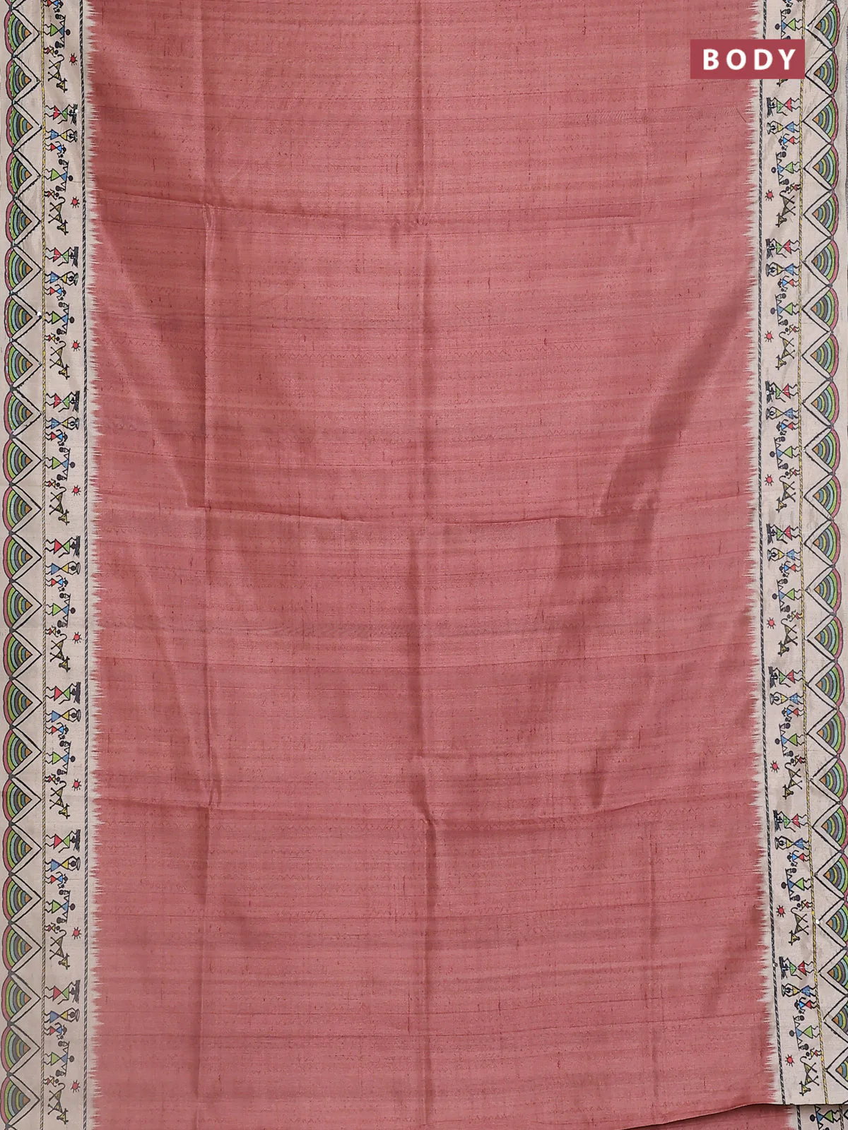 Semi tussar saree brown and cream with plain body and warli prints kantha stitch work border - Image 2
