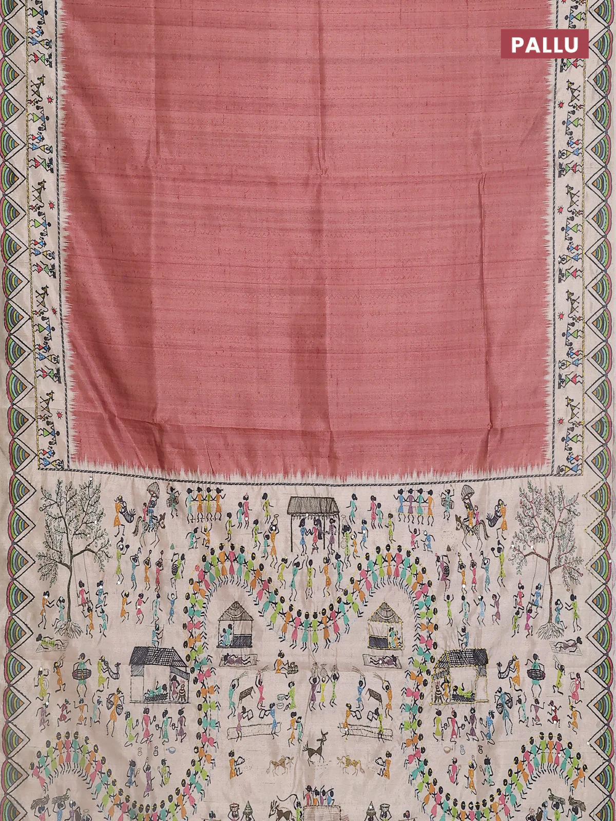Semi tussar saree brown and cream with plain body and warli prints kantha stitch work border - Image 3