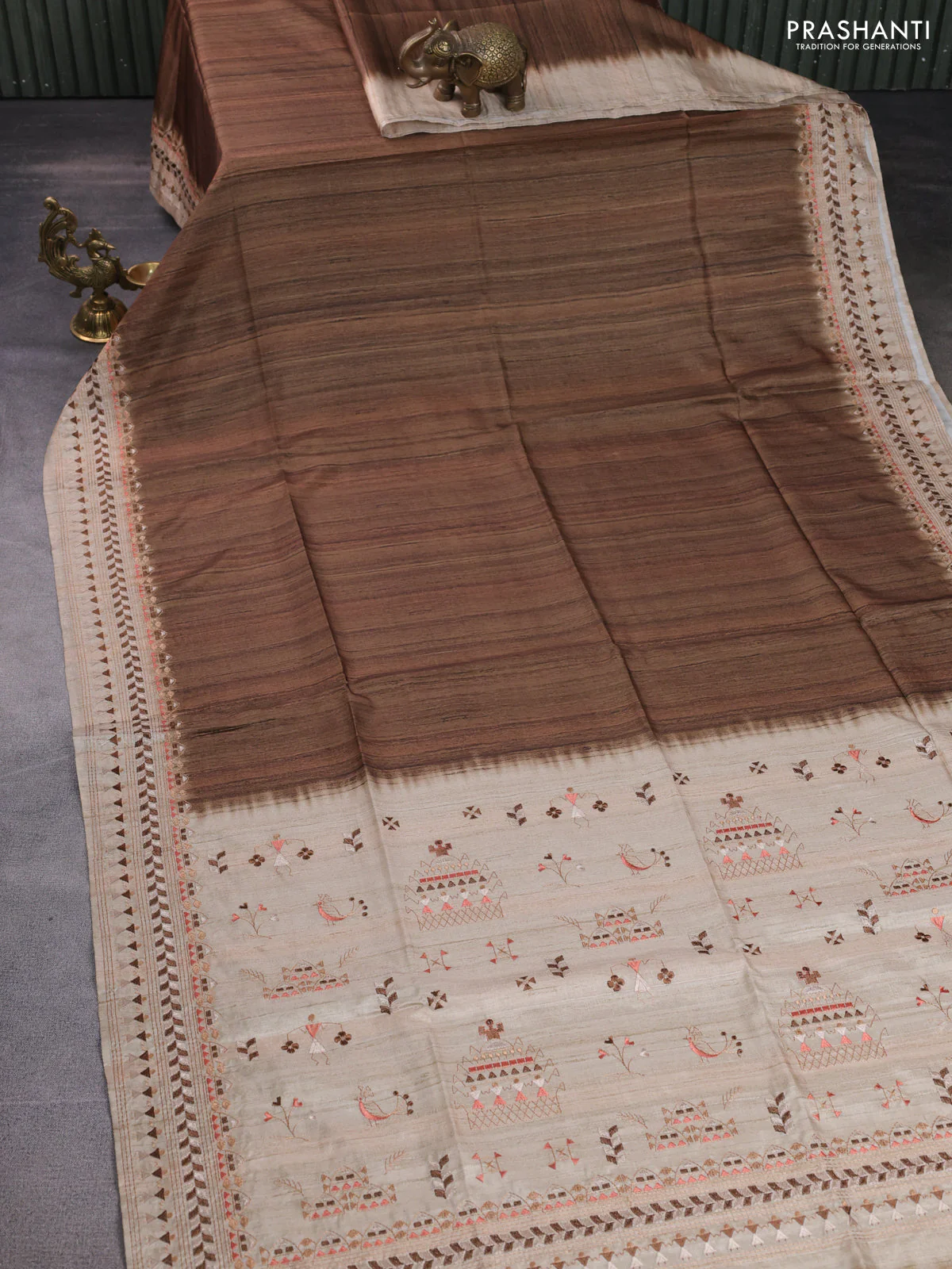 Semi tussar saree brown shade and beige with plain body and embroidery pallu & border - Image 2