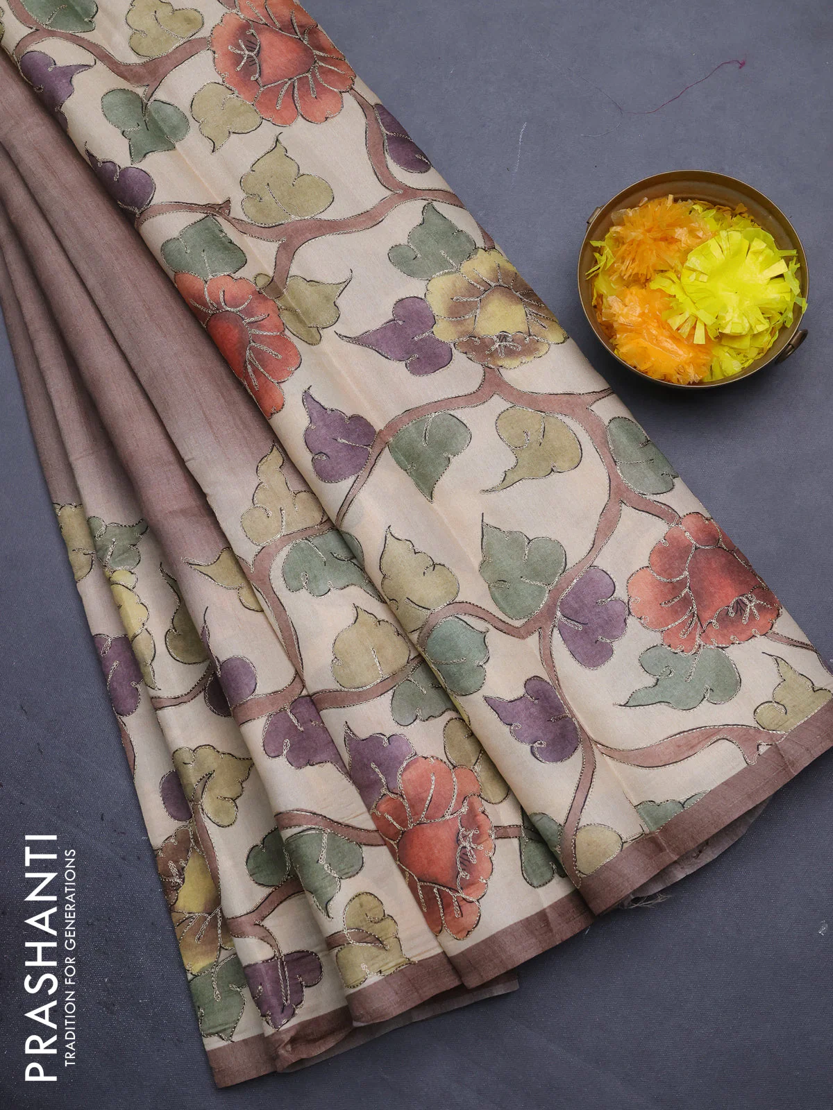 Semi tussar saree brown shade and cream with plain body and kalamkari prints & pita work border - Image 2