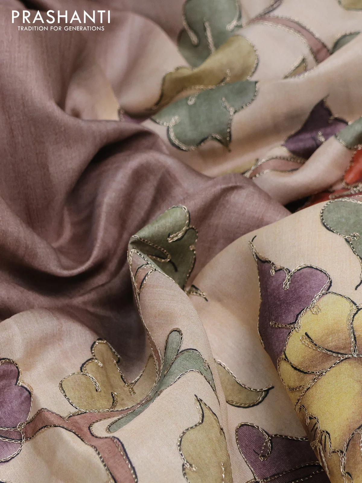 Semi tussar saree brown shade and cream with plain body and kalamkari prints & pita work border - Image 3