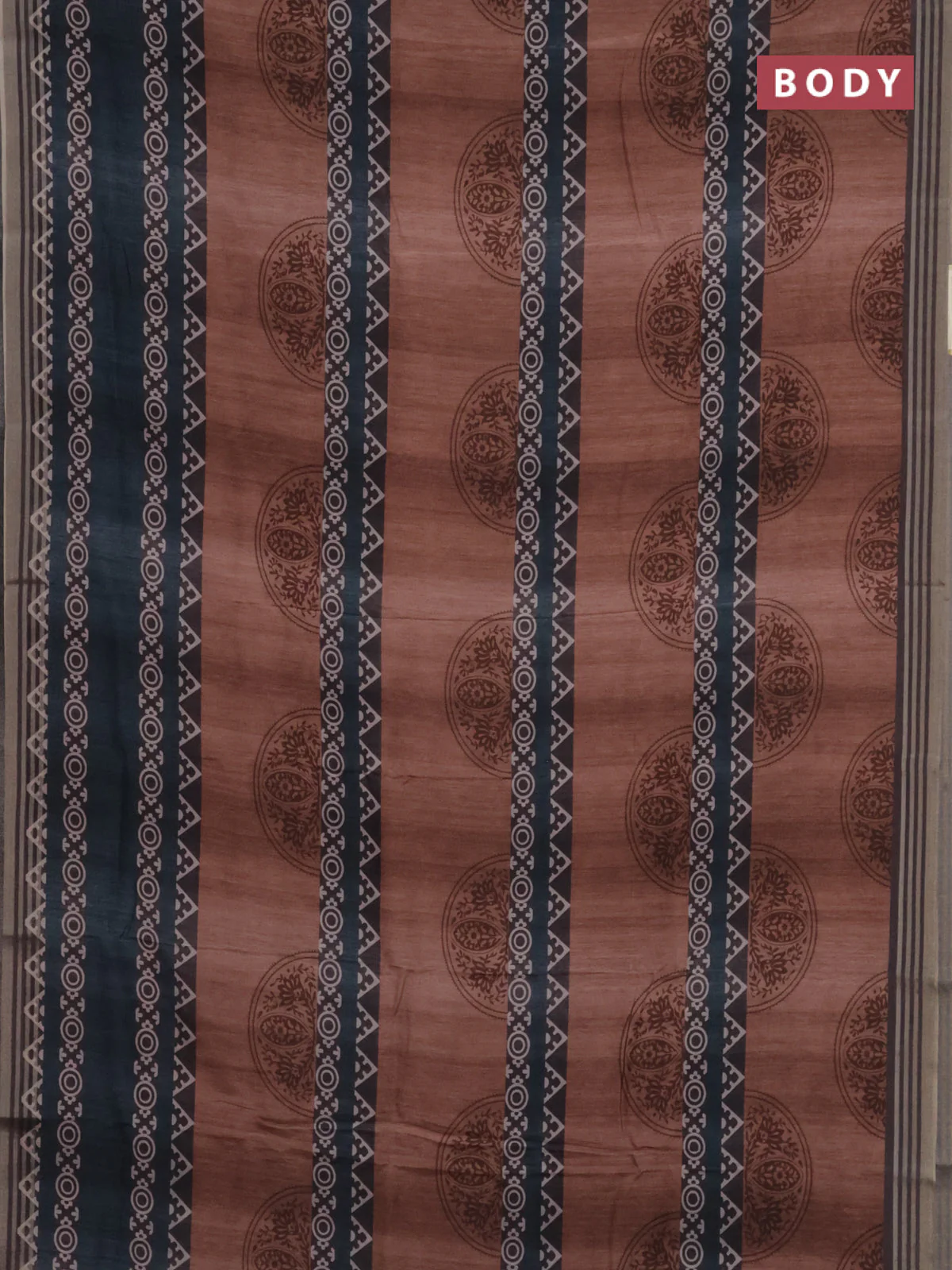 Semi tussar saree brown shade and grey with allover geometric prints and zari woven border - Image 2