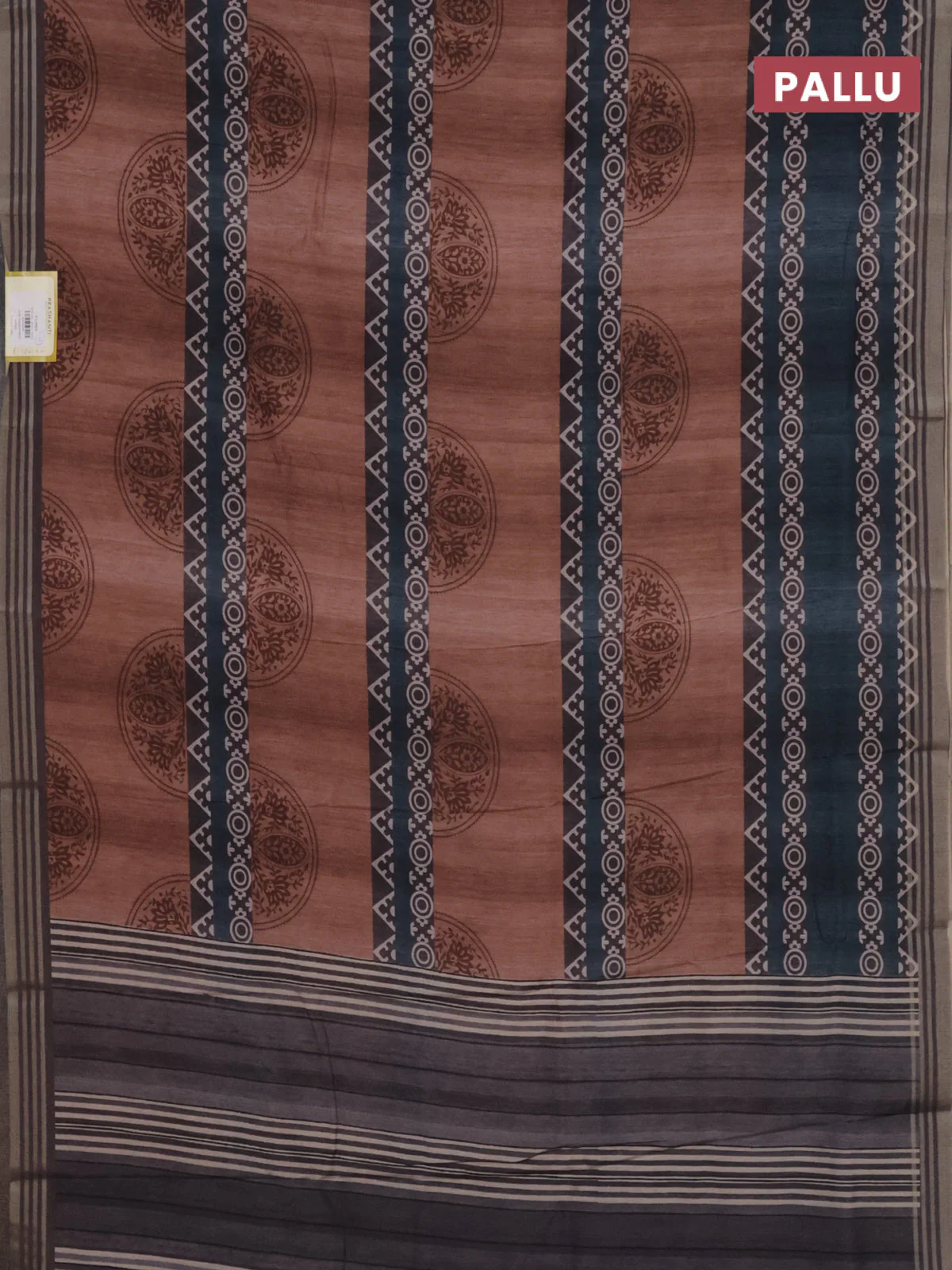 Semi tussar saree brown shade and grey with allover geometric prints and zari woven border - Image 3