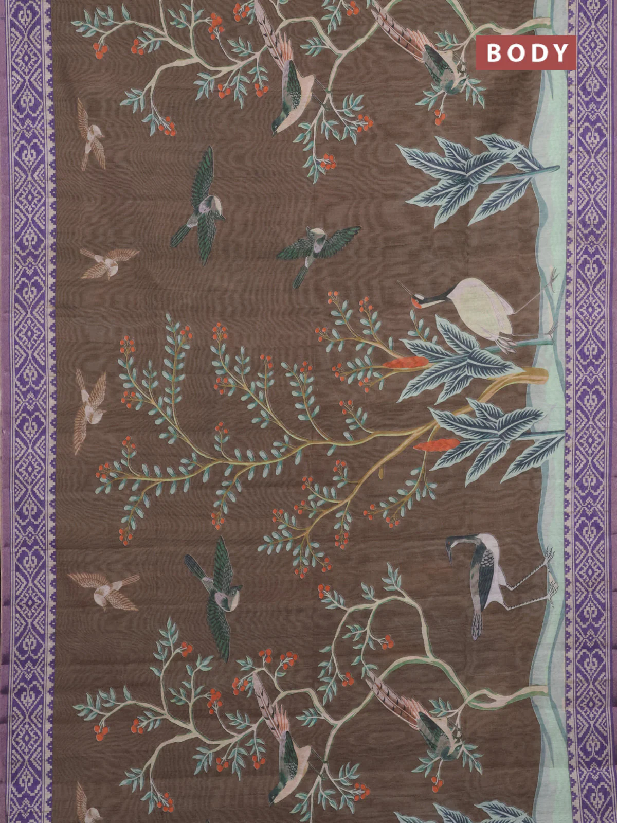 Semi tussar saree brown shade and violet with allover prints and printed zari border - Image 2