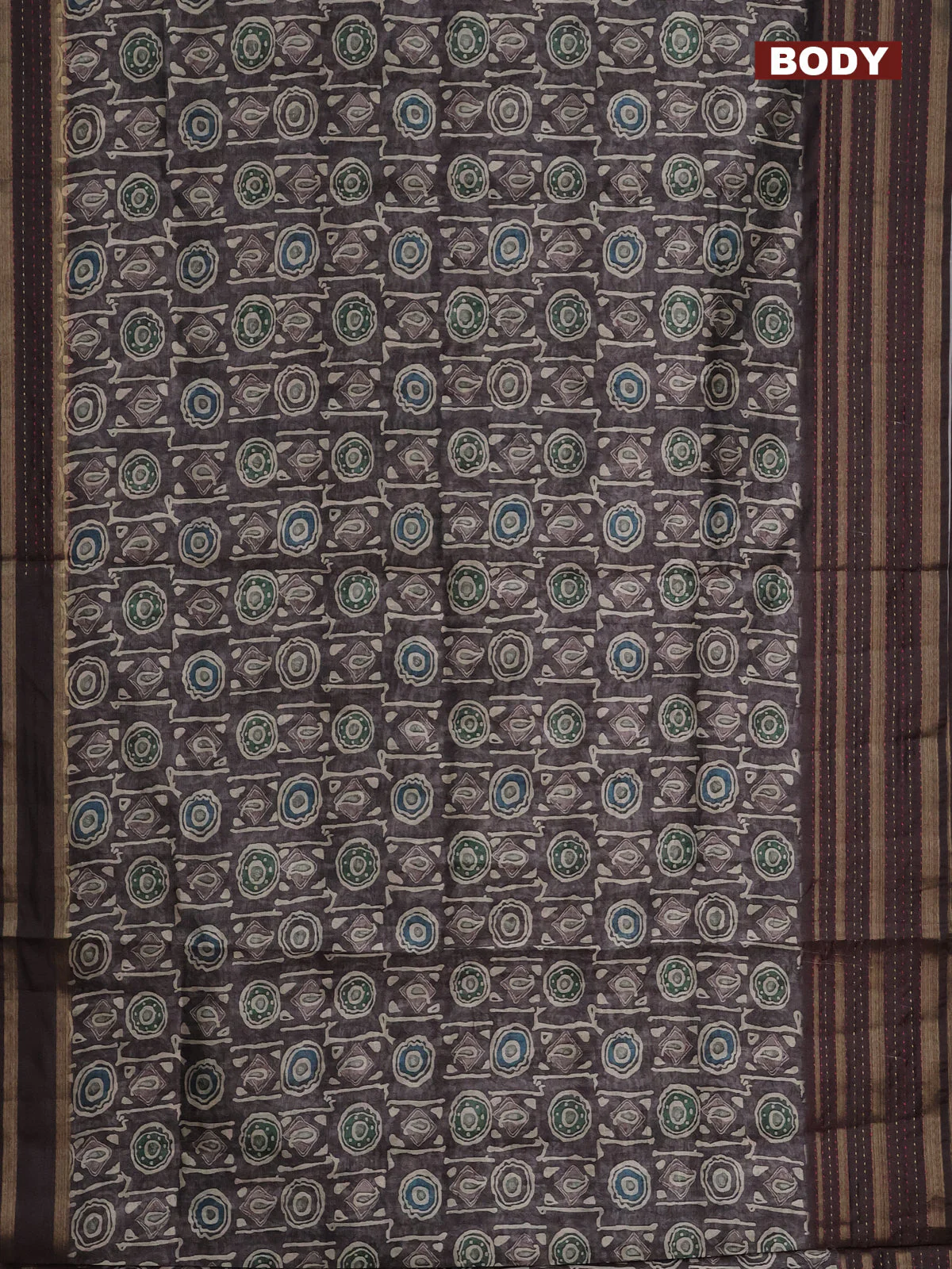 Semi tussar saree brown shade with allover prints and kantha stitich work border - Image 2