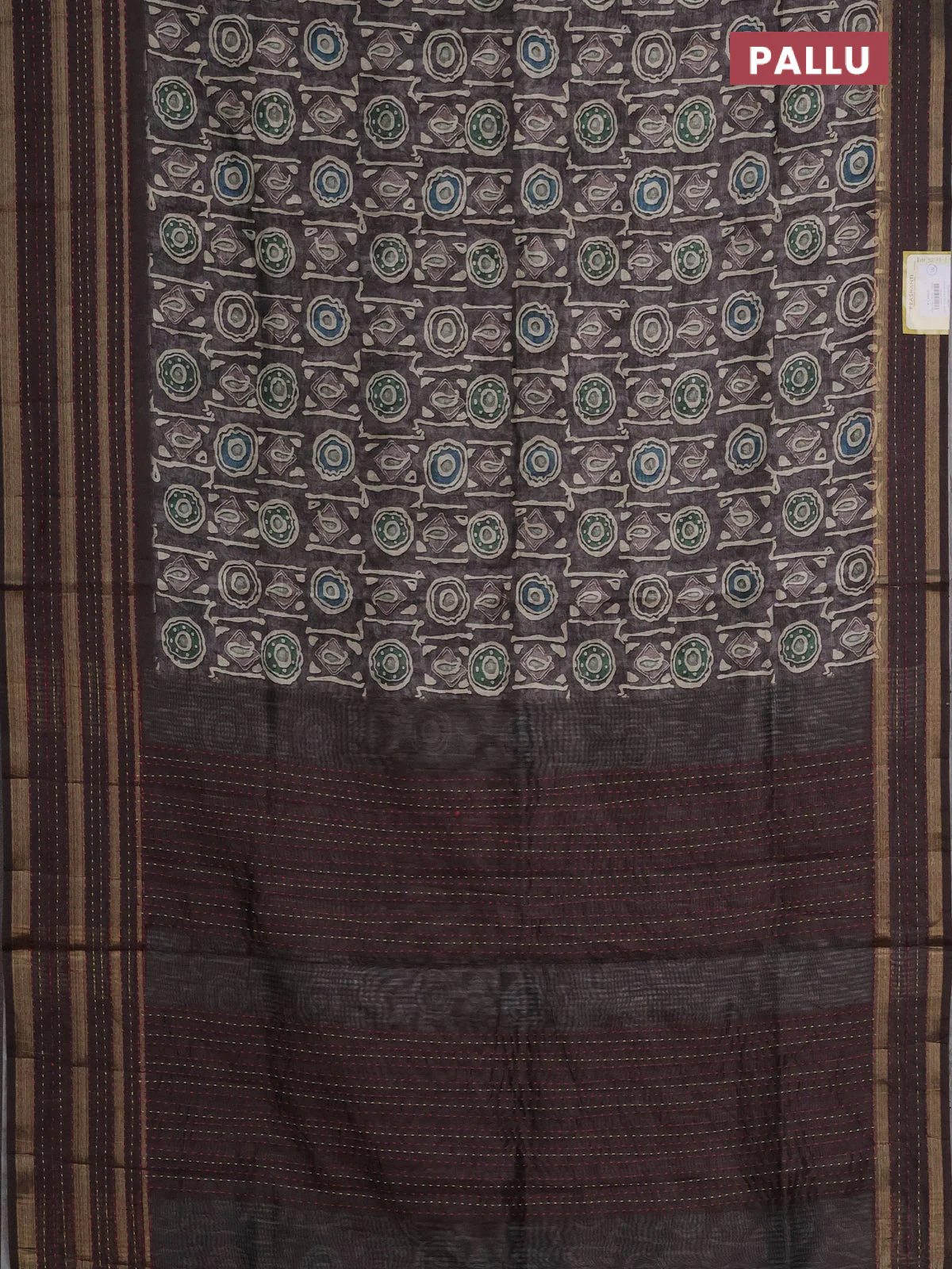 Semi tussar saree brown shade with allover prints and kantha stitich work border - Image 3