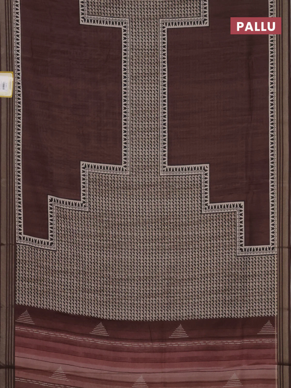 Semi tussar saree brown shade with allover prints and zari woven border - Image 3