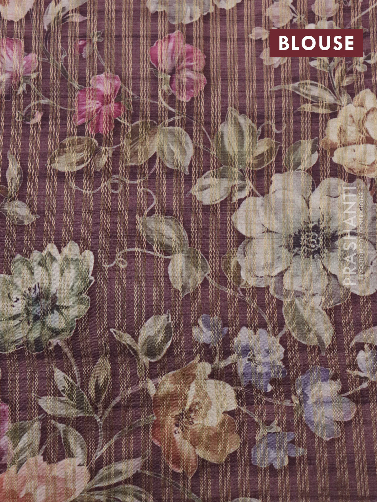 Semi tussar saree brown shade with allover zari woven stripes pattern and floral printed border - Image 10