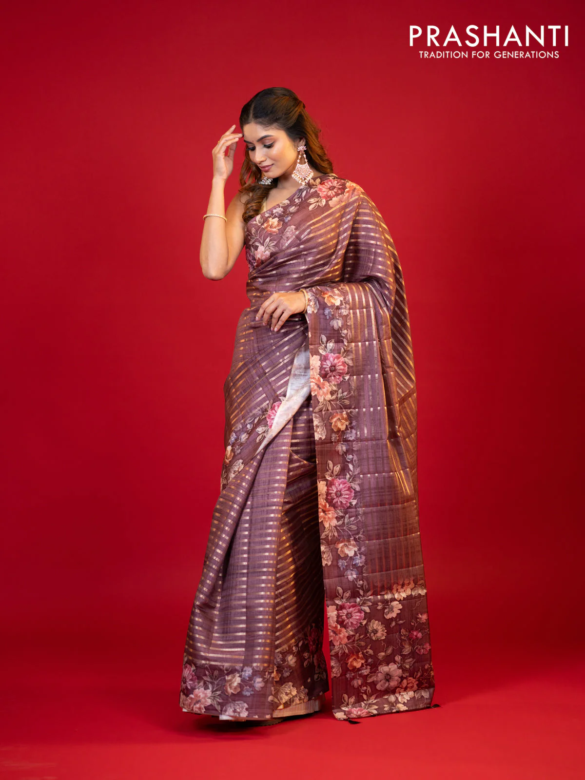 Semi tussar saree brown shade with allover zari woven stripes pattern and floral printed border - Image 2