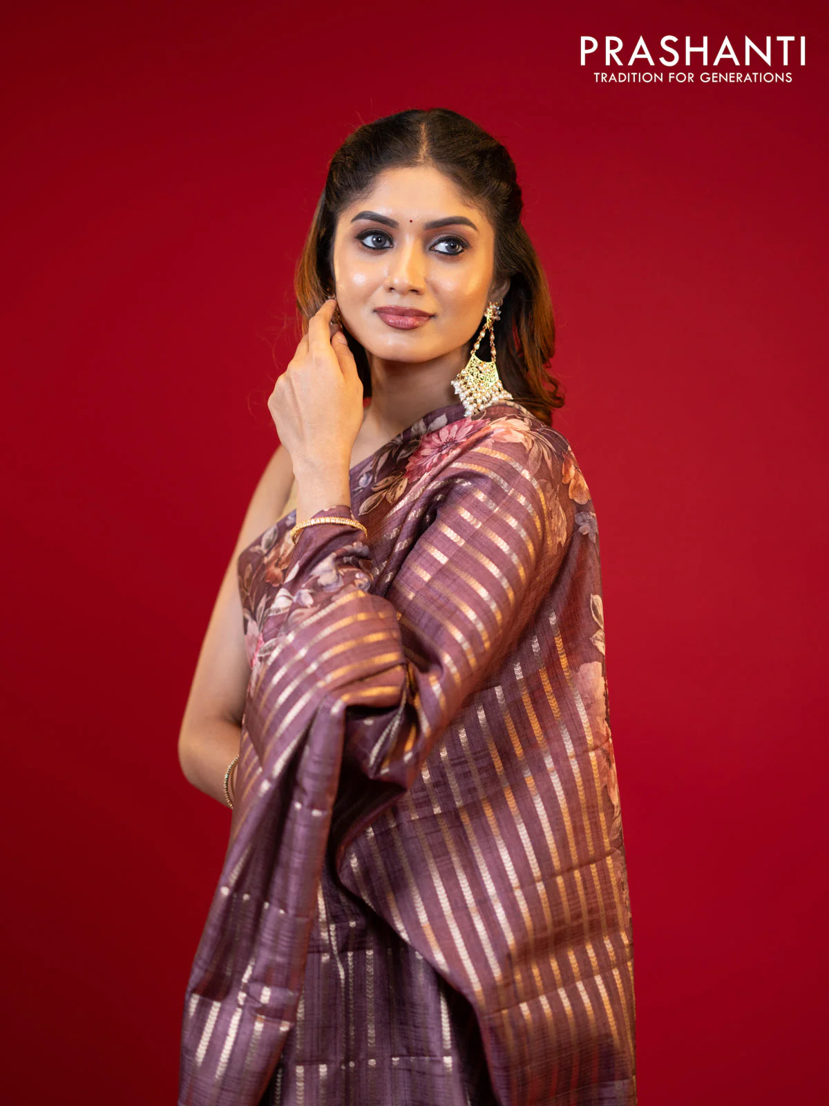 Semi tussar saree brown shade with allover zari woven stripes pattern and floral printed border - Image 3