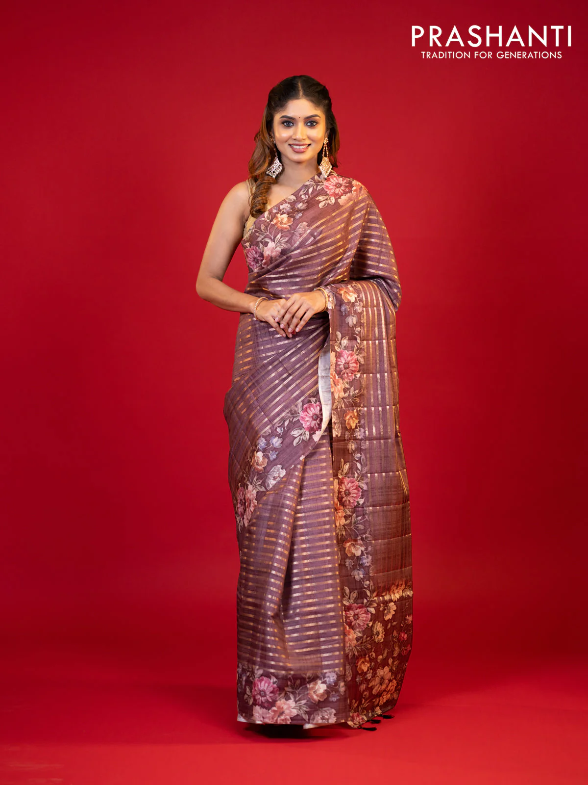 Semi tussar saree brown shade with allover zari woven stripes pattern and floral printed border - Image 4