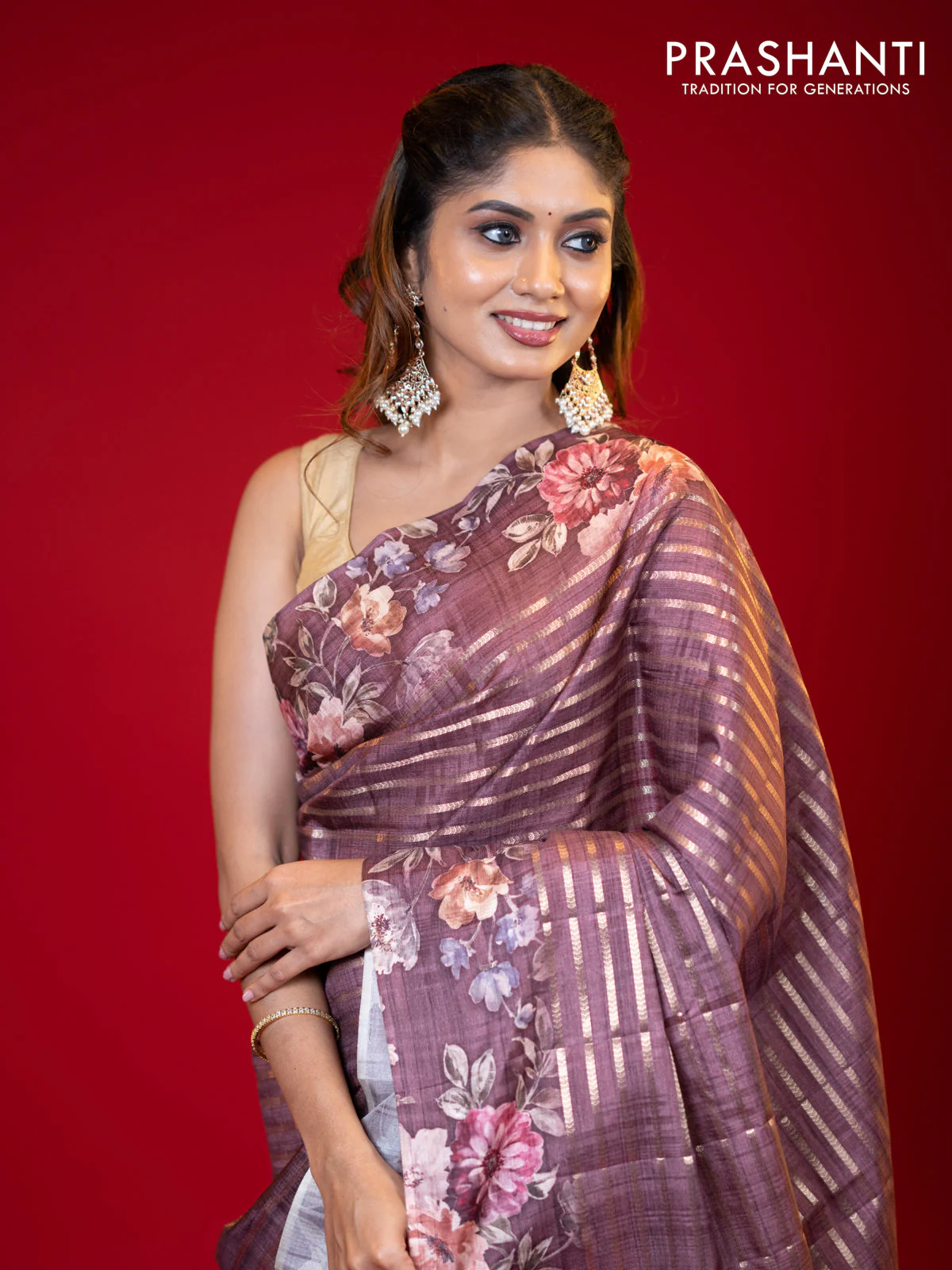 Semi tussar saree brown shade with allover zari woven stripes pattern and floral printed border - Image 5