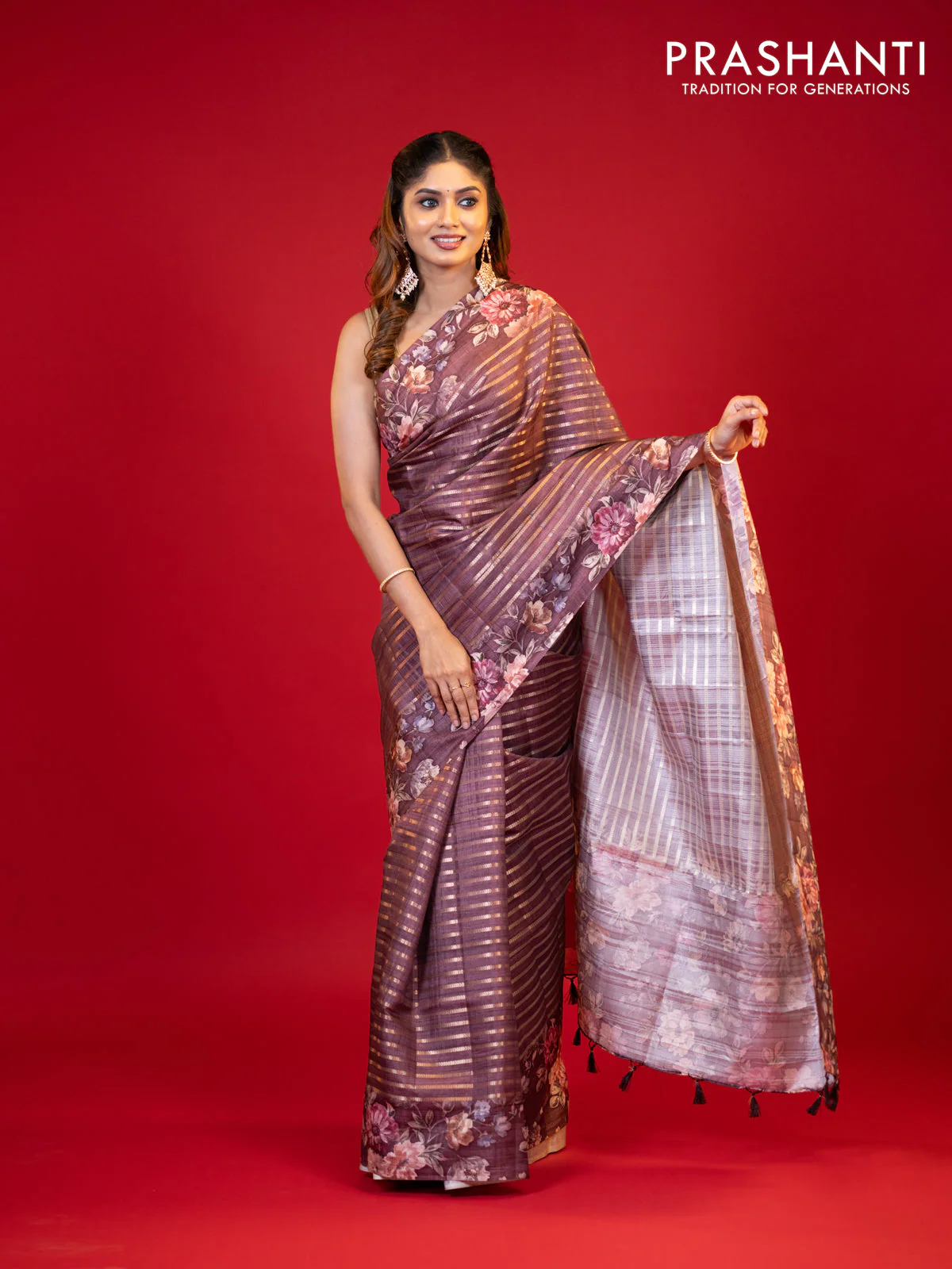 Semi tussar saree brown shade with allover zari woven stripes pattern and floral printed border - Image 6
