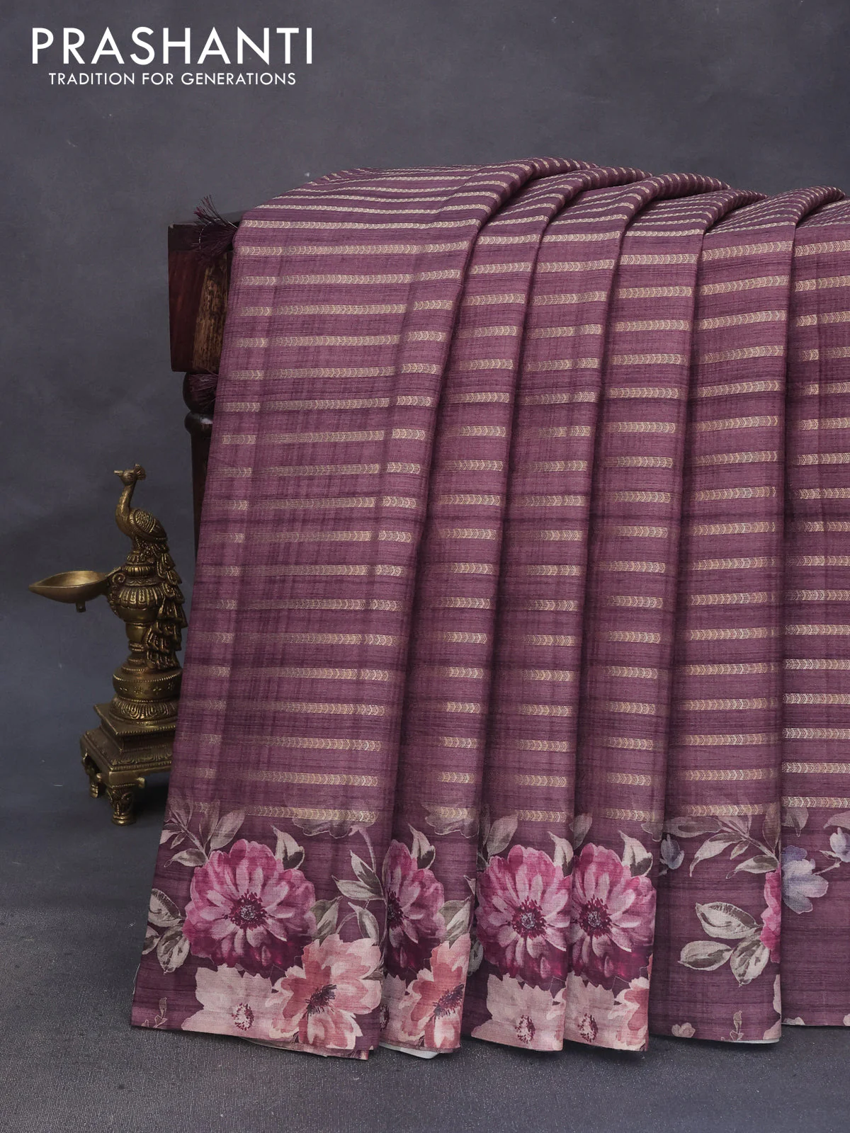 Semi tussar saree brown shade with allover zari woven stripes pattern and floral printed border - Image 7