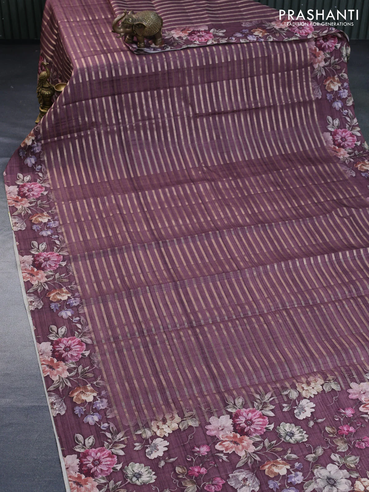 Semi tussar saree brown shade with allover zari woven stripes pattern and floral printed border - Image 8